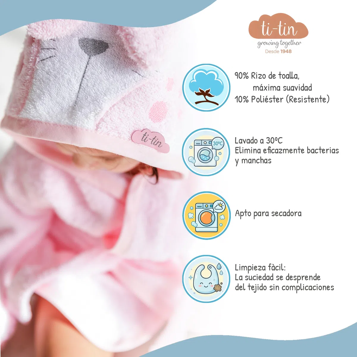Ti TIN Albornoz infantil con capucha de orejitas de conejo para bebés de 3 a 9 meses 90% algodón rizo 10% poliéster medidas 63x33 cm transpirable absorbente extra suave fácil secado y lavado