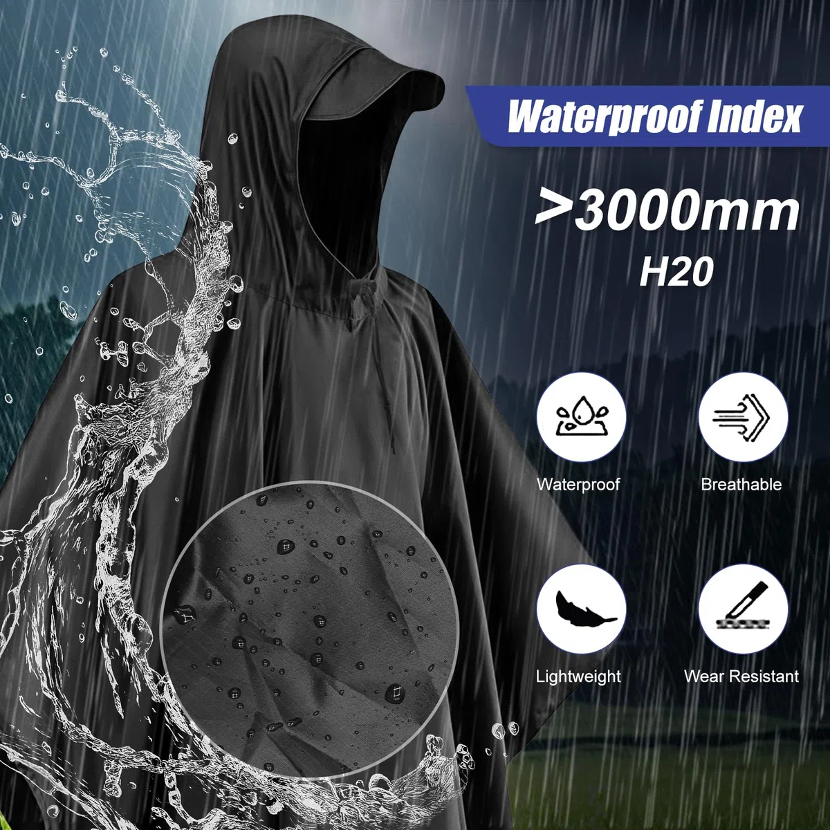 Chubasquero, Ligero, Reutilizable y Transpirable con Capucha, Impermeable Mujer Multifuncional 3 en 1 para Camping, Senderismo, Ciclismo y Pesca, Unisex （Negro）
