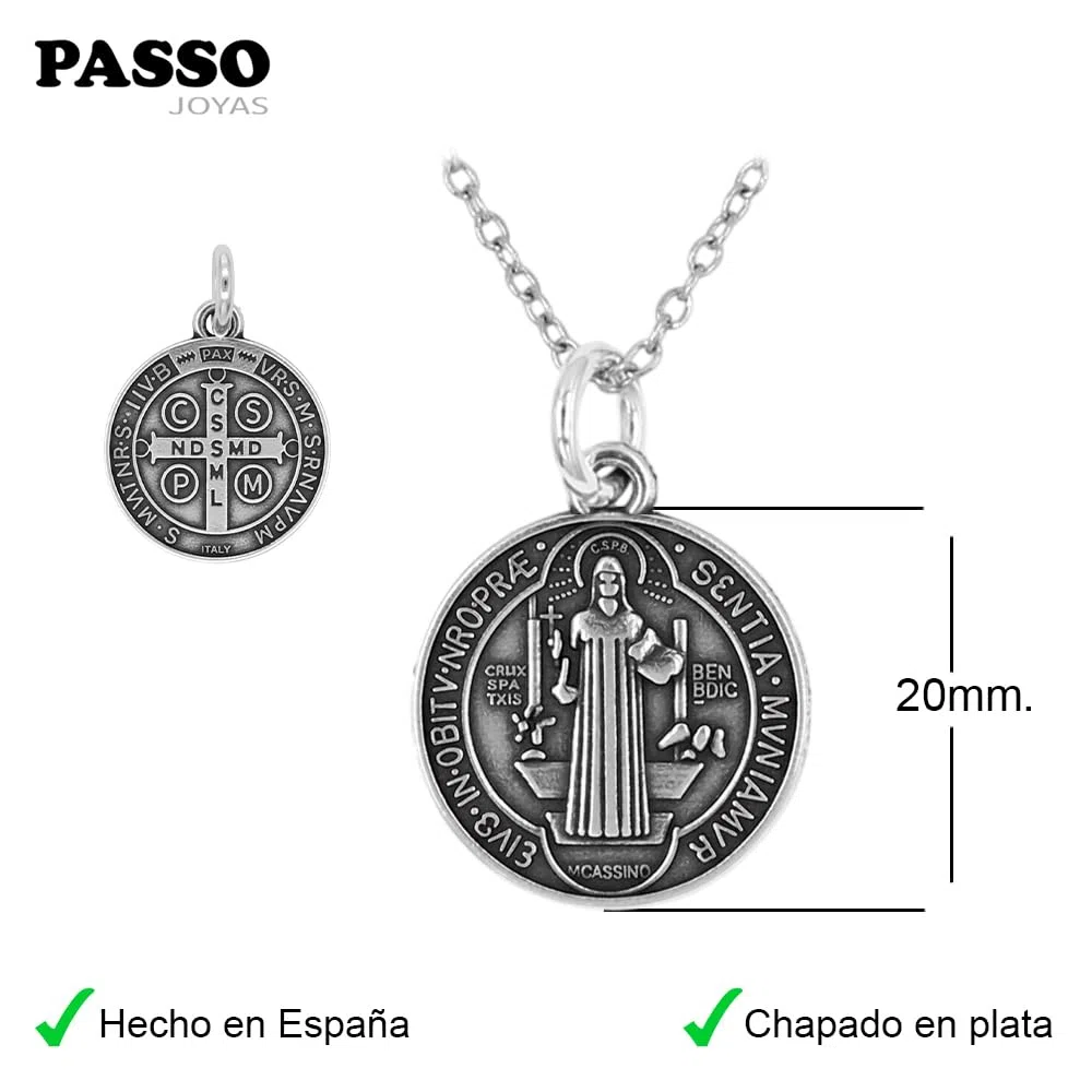 Collar con Medalla San Benito en plata - Colgante de San Benito de 20mm con cadena - Amuletos de Proteccion - Se presenta en una cajita Hand Made (Con Cadena)
