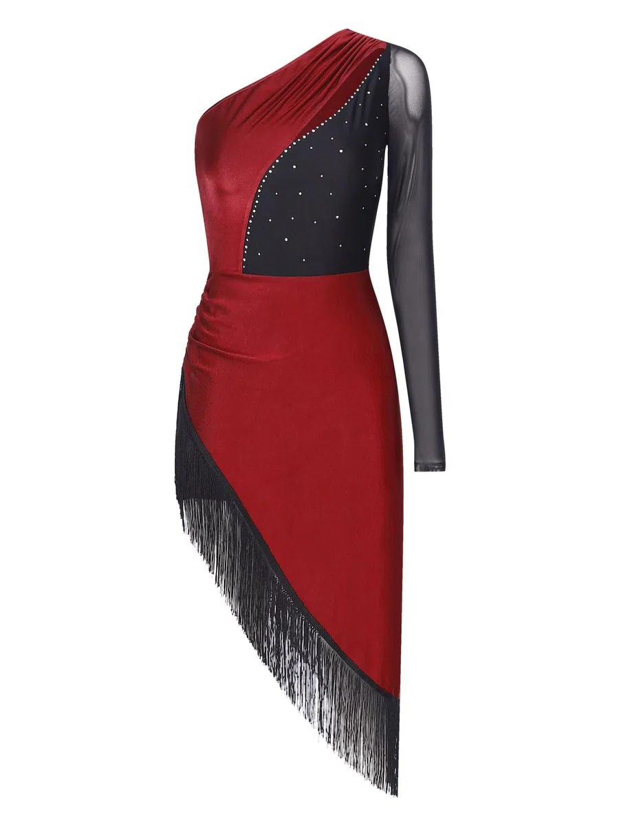 Alvivi Vestido de Patinaje Artístico para Mujer Vestido de Baile Latino Salsa con Leggings Cortos Elásticos Vestido Asimétrico de Manga Larga con Flecos S-XXL