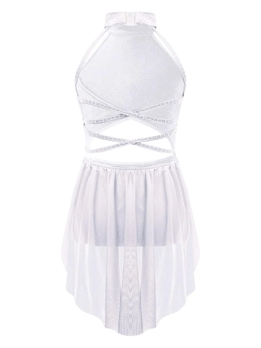 iiniim Vestido de Patinaje Artístico para Niñas Vestido Danza Lírica y Contemporánea Maillot con Falda Ballet de Malla y Pedrería Brillante Disfraz Bailarina 5-16 Años