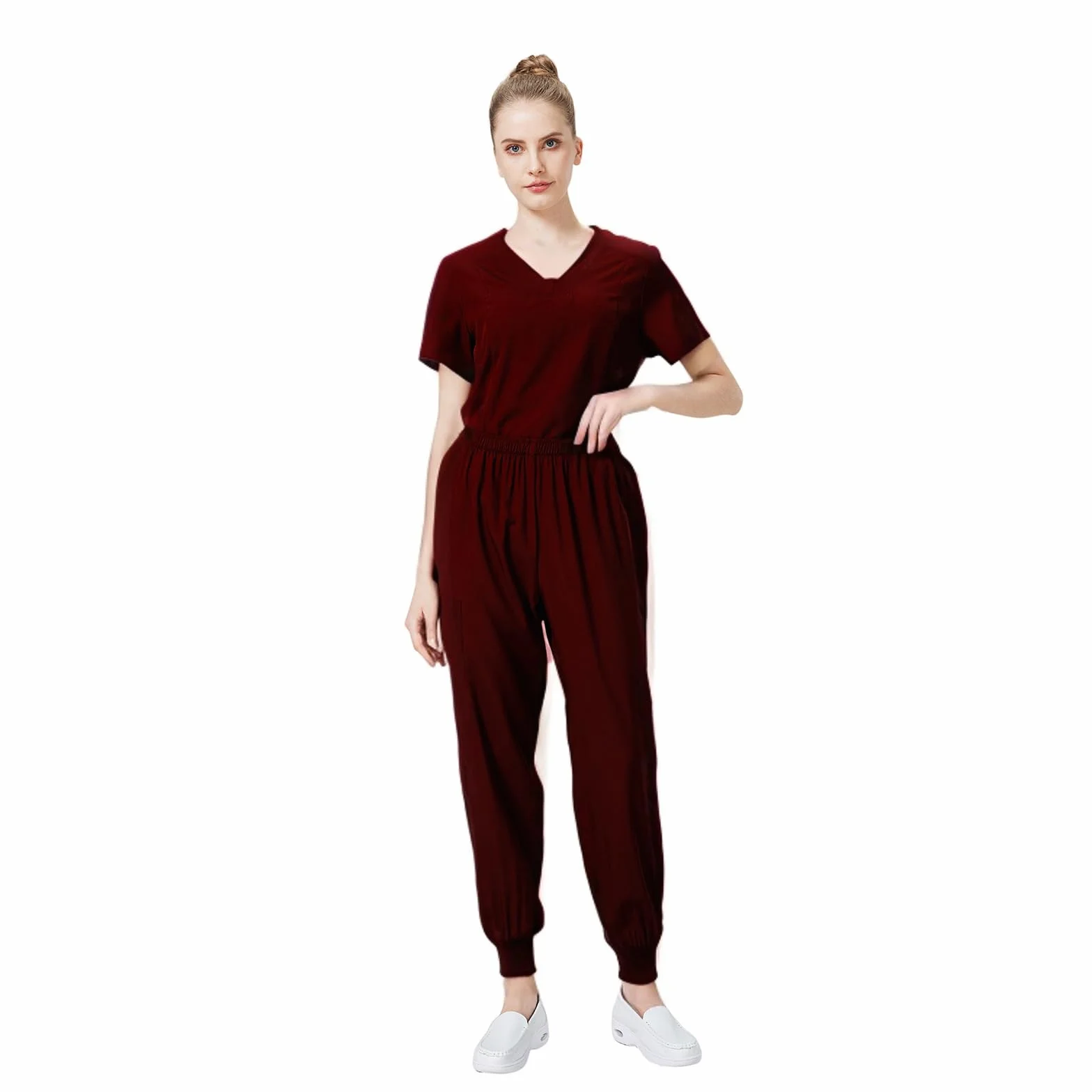 Médico Uniforme Conjunto de manga corta con cuello en V Top con pantalones cónicos Elástico Sudor Absorbente Suave Lavado a mano Estética Médica DK06