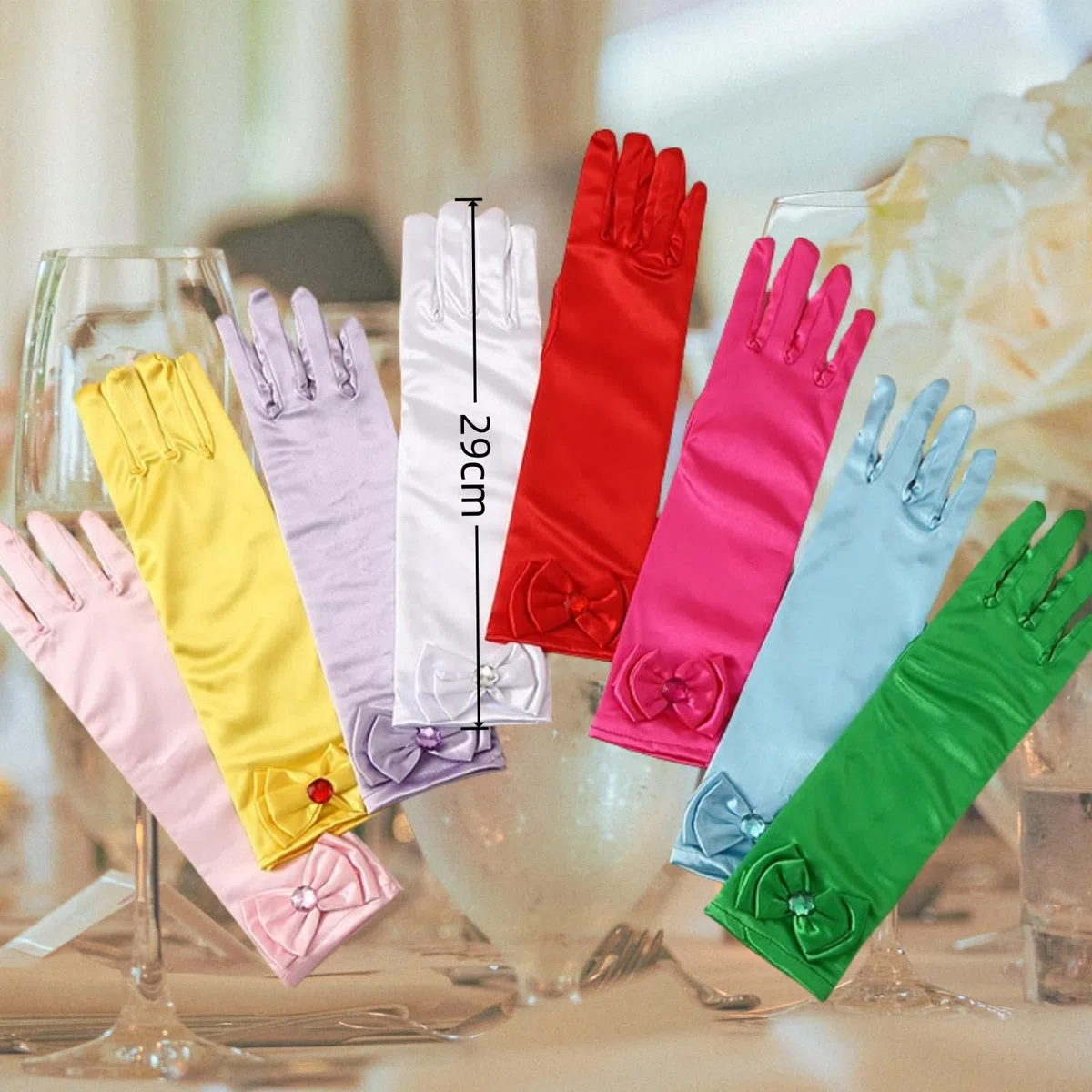 1 guantes de satén para niña, 29 cm, color sólido, largo codo, formal, para fiestas, bodas, máscaras, jazz, baile, cosplay, Halloween, carnaval