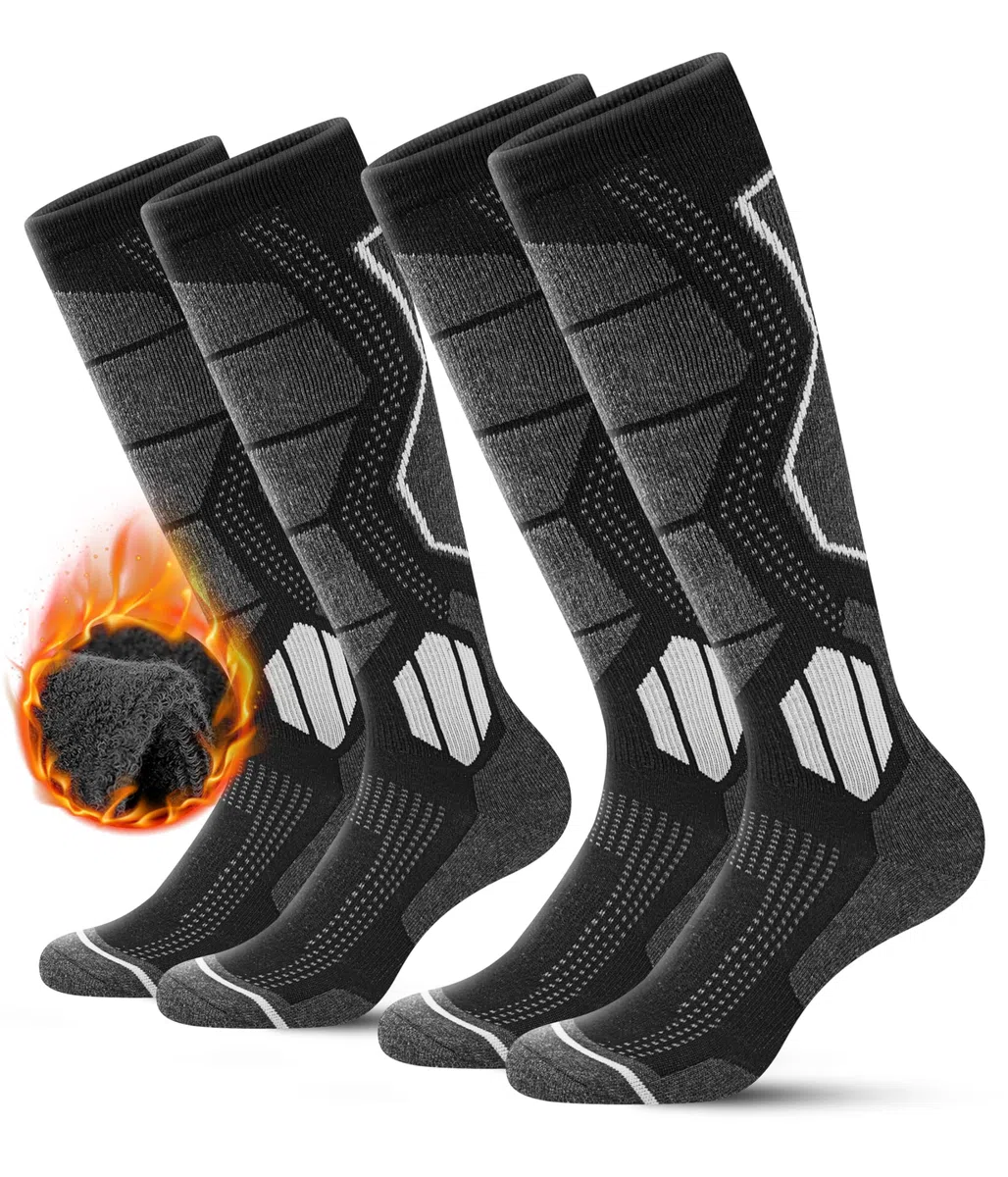 YESWEL Calcetas de esquí para hombres y mujeres de lana merino, 2 pares, calcetas térmicas cálidas, calcetas gruesas de felpa negras para deporte