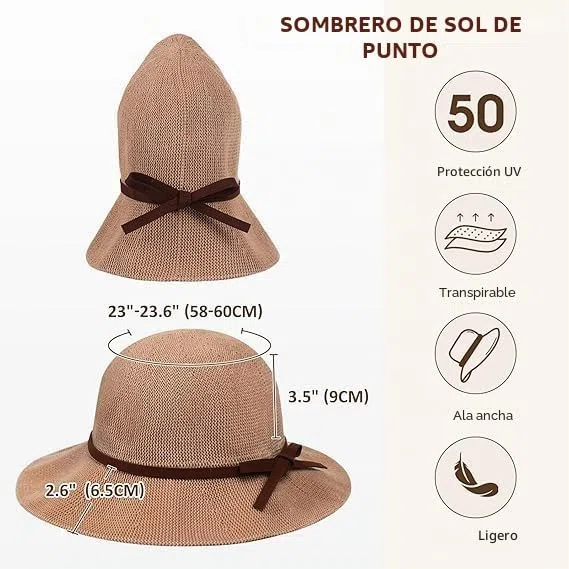 Sombrero Playa Mujer Verano UPF 50+ Gorro Sol de ala Ancha con Decoración de Lazo Playa Accesorios Plegable Gorra de Sol para Viajes Vacaciones (Caqui)
