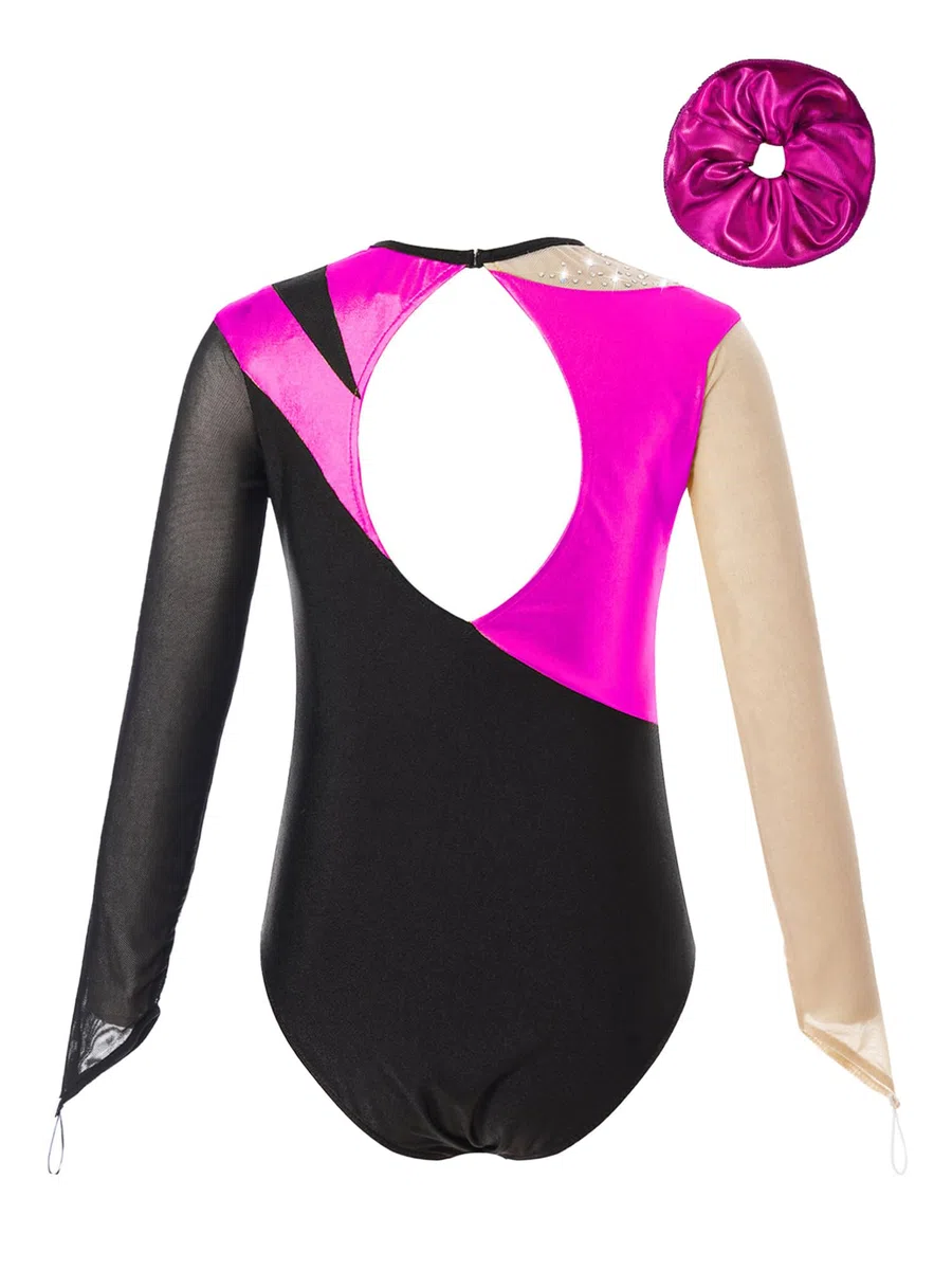 Alvivi Traje de Gimnasia Ritmica Maillot Niña Manga Larga con Diadema Body Brillante de Baile Maillot Competicion Patinaje Disfraz Bailarina Ballet