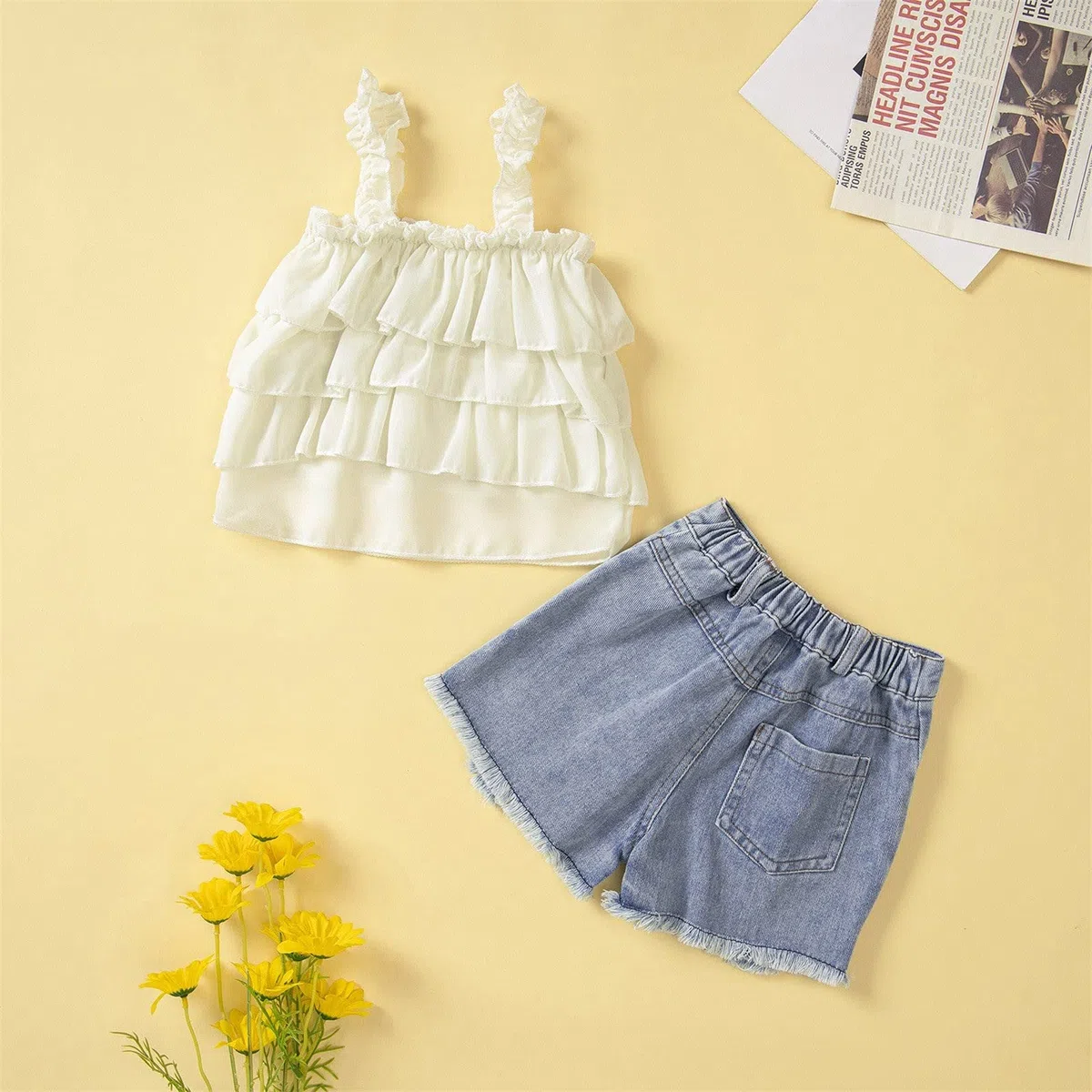 Conjunto de Pantalones Cortos y Camiseta para Bebé Niña Algodón Sólido Sin Mangas Jeans Ropa Primavera Verano