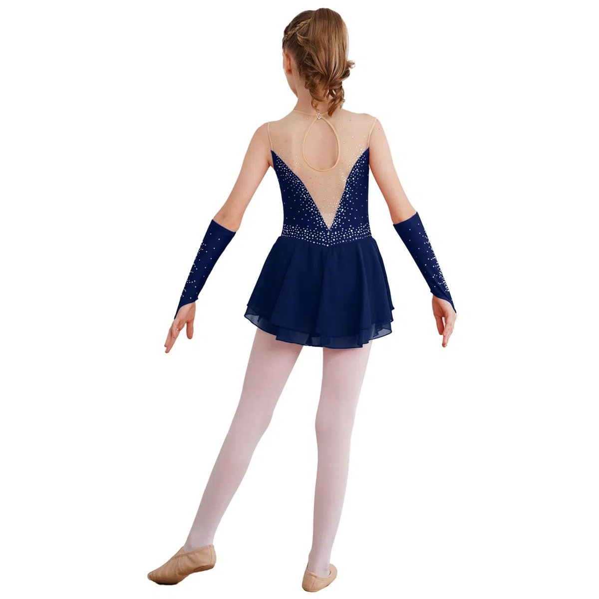 Vestido de patinaje artístico para niña (leotardo, vestido de baile con pedrería, con puños de competición, espectáculo