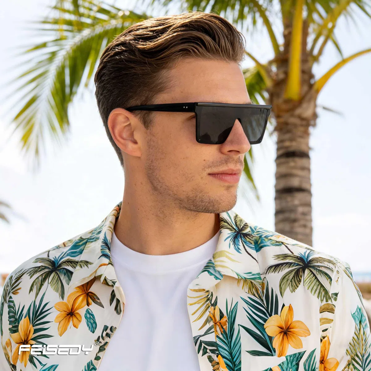FEISEDY Gafas de Sol Hombre Cuadradas de Lente Siamés de Moda UV400 Gafas de Sol Grandes con Tapa Plana para Hombre y Mujer B2470