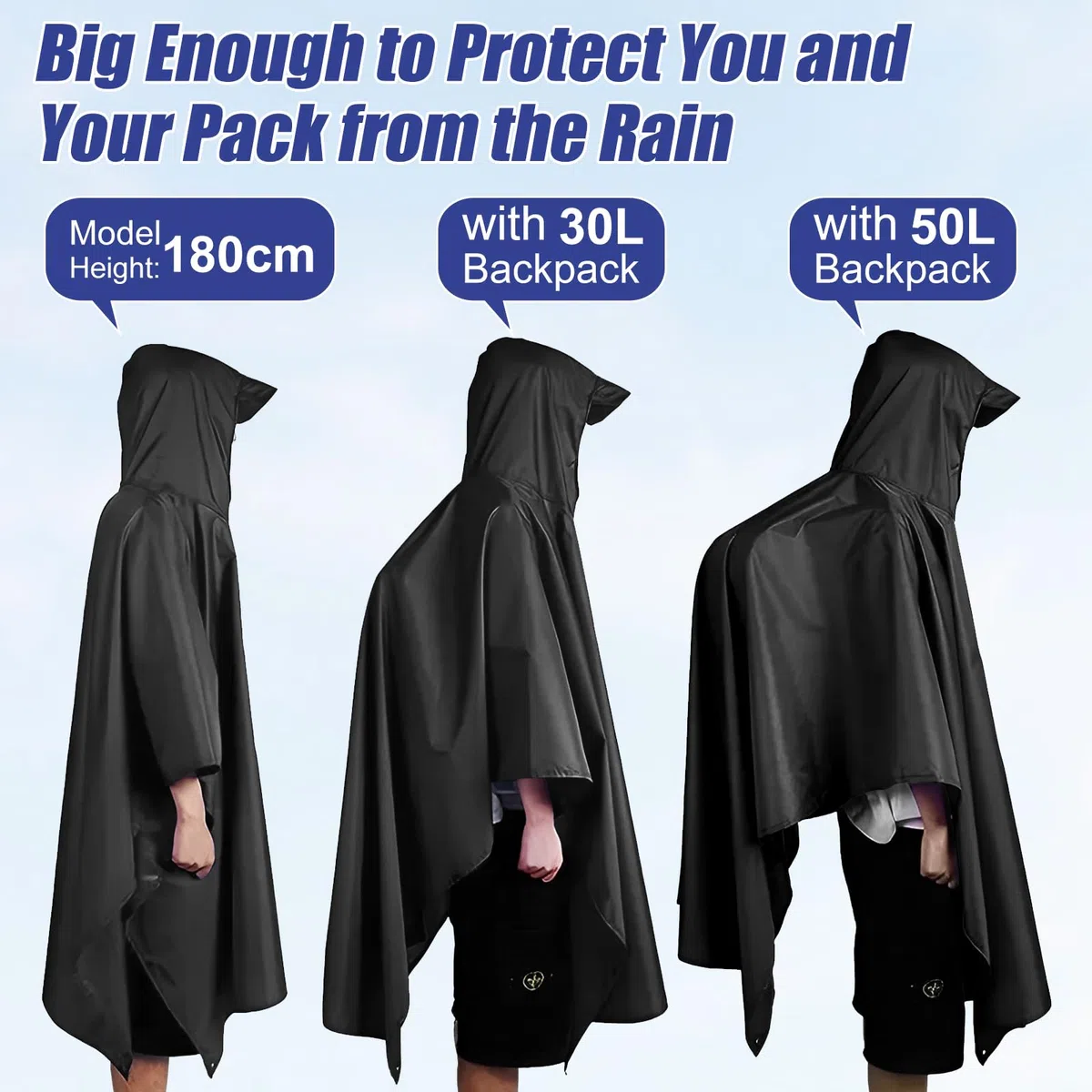 Chubasquero, Ligero, Reutilizable y Transpirable con Capucha, Impermeable Mujer Multifuncional 3 en 1 para Camping, Senderismo, Ciclismo y Pesca, Unisex （Negro）