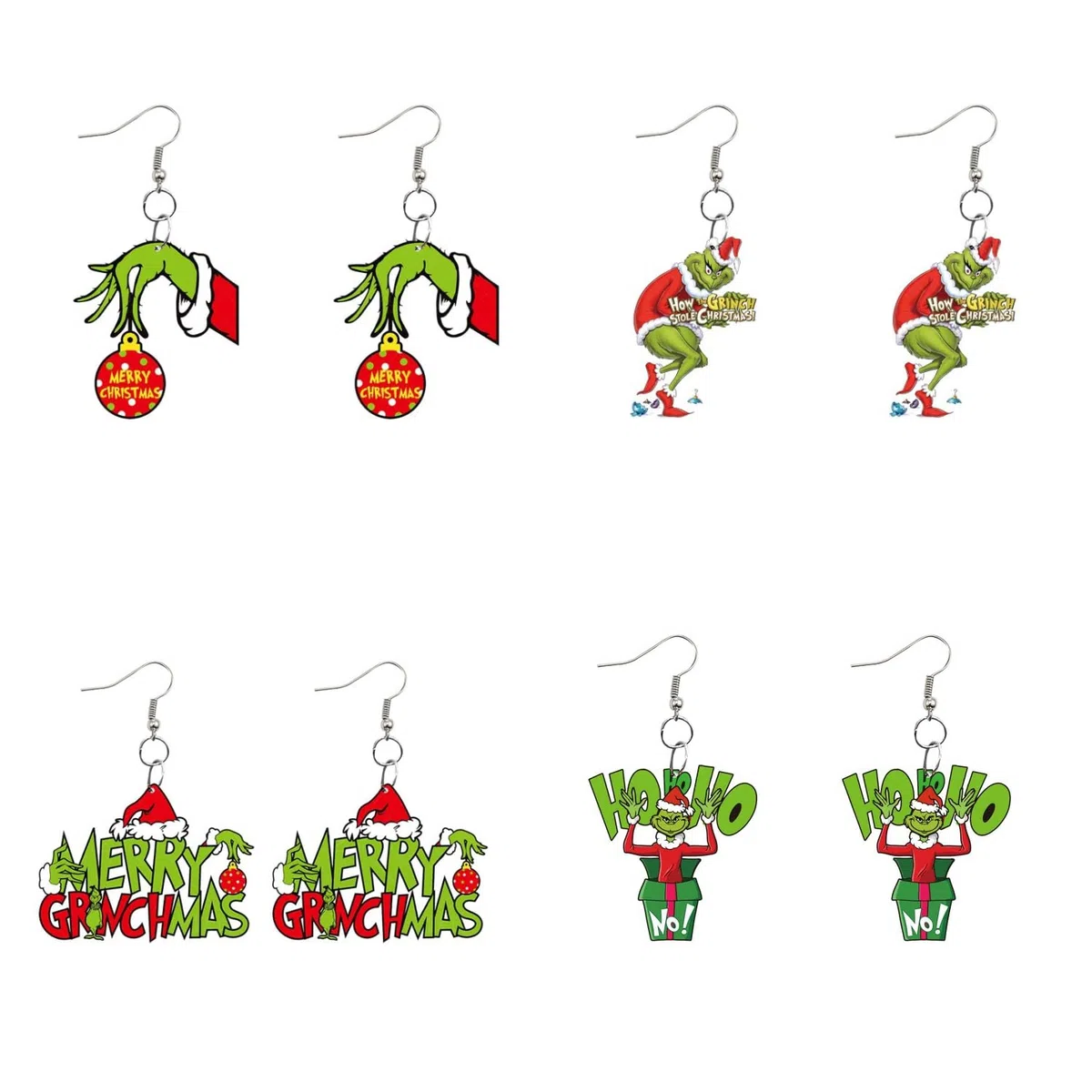 4 pares de aretes de Navidad Grinch de Navidad, aretes de dibujos animados de Navidad, aretes de gota de Navidad, Año Nuevo, decoraciones de fiesta para mujeres y niñas, Acrílico