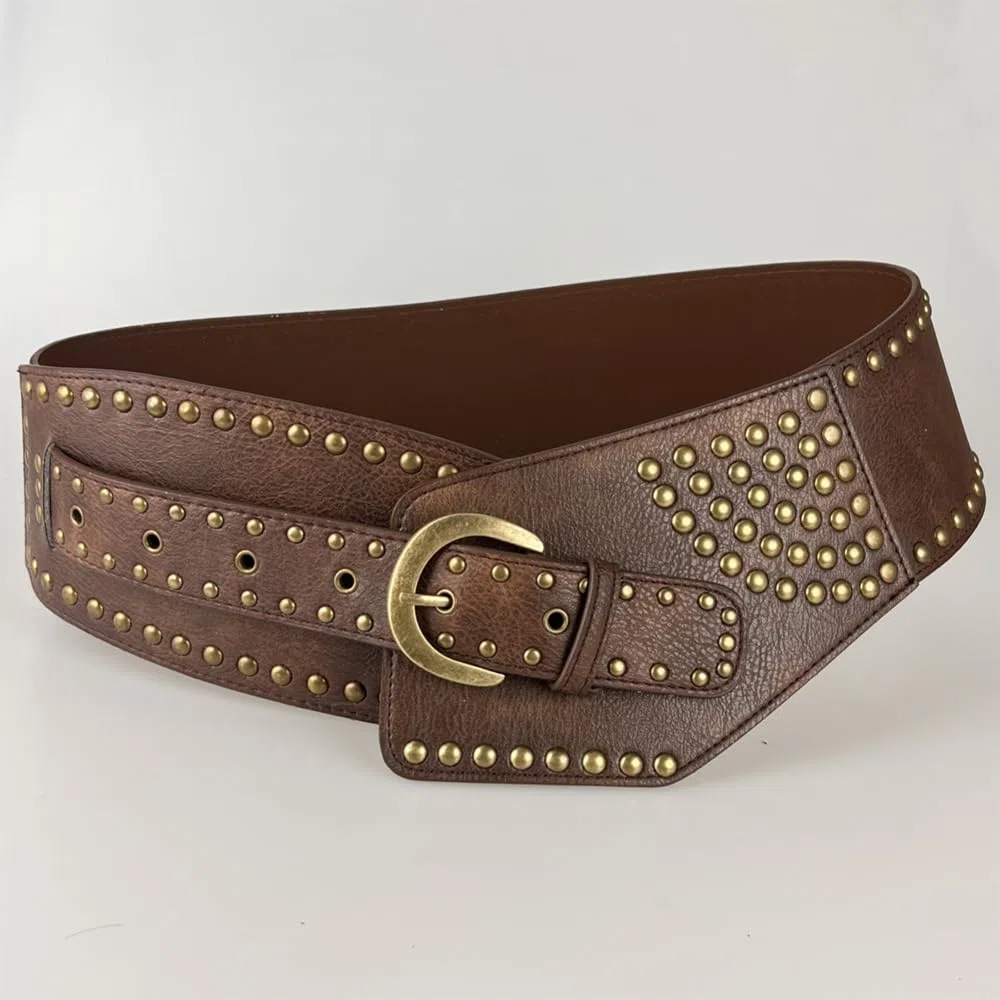 Cinturon Mujer Remaches Dorados Borde Ancho Moda y Elegante Cinturones Estilo Vintage Adecuado para Todas las Ocasiones