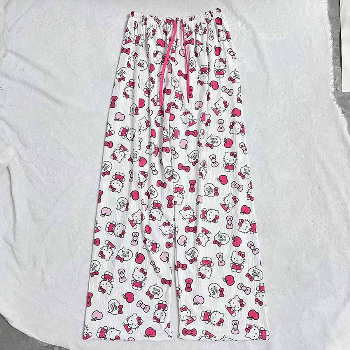 Pantalon Pijama Mujer Kitty Suaves Pantalones de Pijama Pantalones Largo de Salón con Cordón Cómodo Pantalones Ligeros de Pierna Ancha