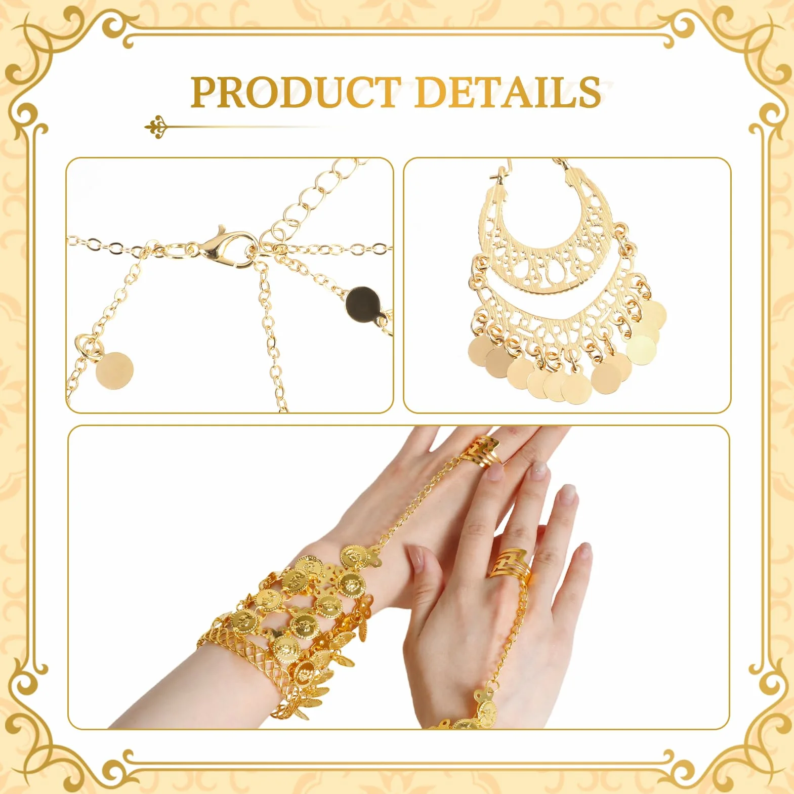 6 Piezas Bufanda de Cadera Mujer Danza del Vientre Faldas Lentejuelas Cadena de Pelo Pulseras Pendientes de Gota de Moneda Faldas Lentejuelas para Disfraz de Rendimiento Danza del Vientre