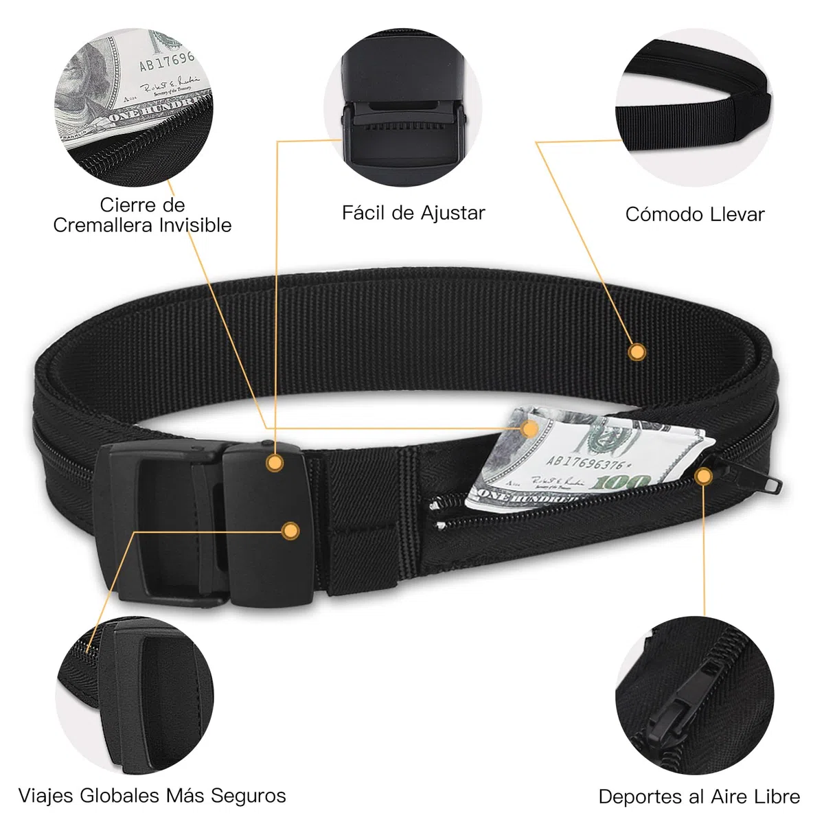 AGPTEK Cinturón de Viaje Antirrobo con Bolsillo Secreto, Hebilla de Metal y Cremallera Interior para Hombre, Negro