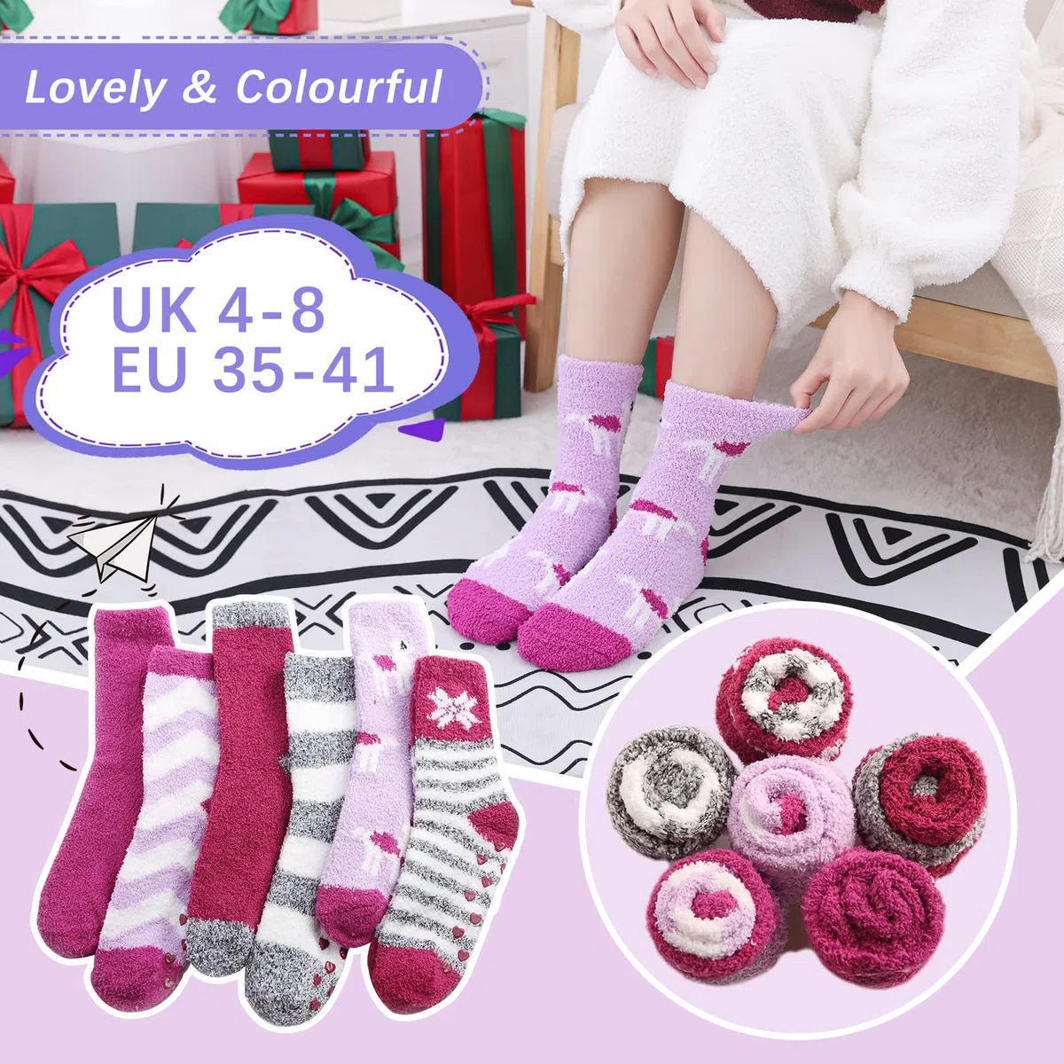 Calcetines Antideslizantes Mujer Invierno Calentitos 6 Pares Calcetines Termicos Polar para Casa Dormir, Súper Suaves Lindo Calcetines