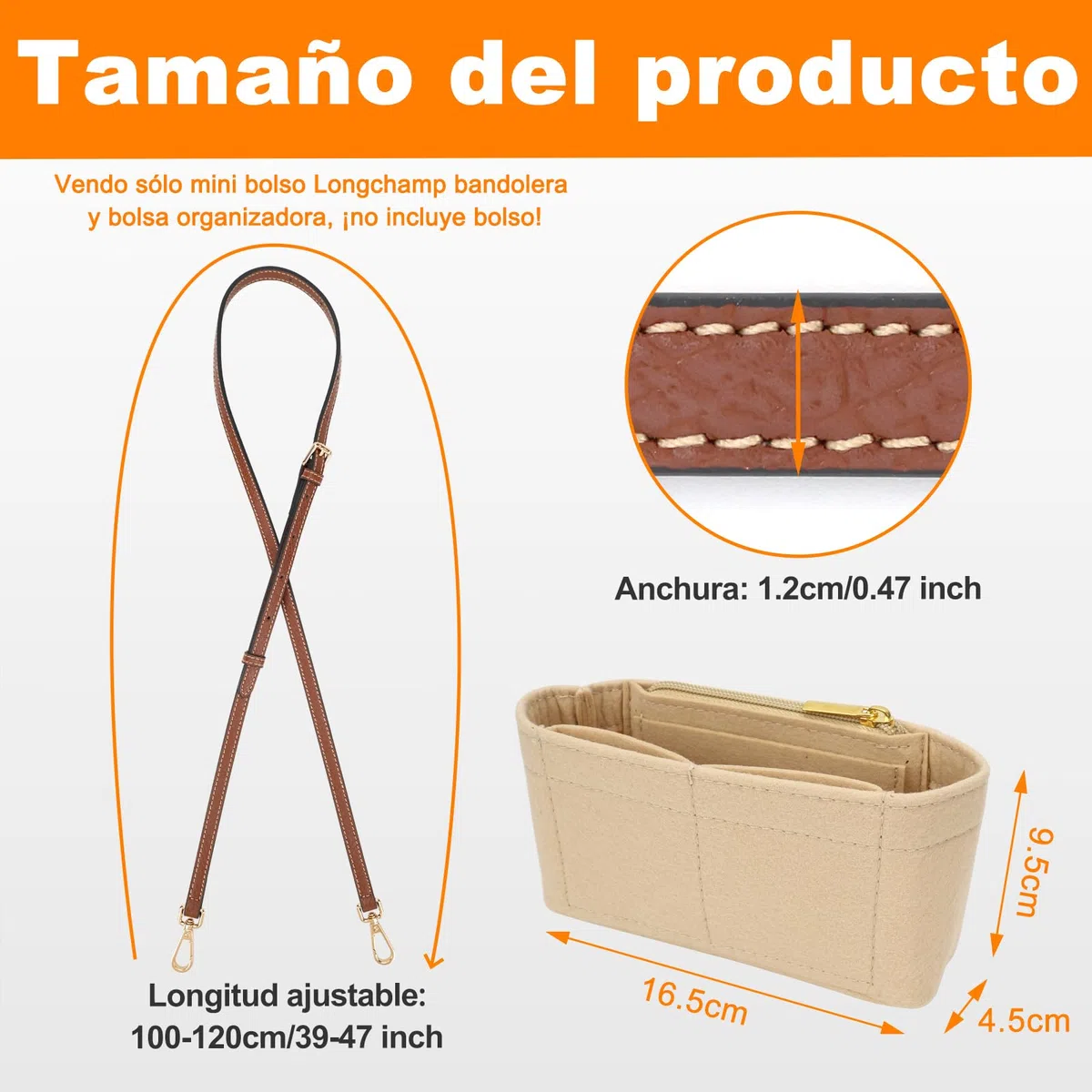 GADITIEK Correa y Organizador para Longchamp Mini Bolsos Mujer, Cuero Strap y Fieltro Organizer para Mini Bolsos