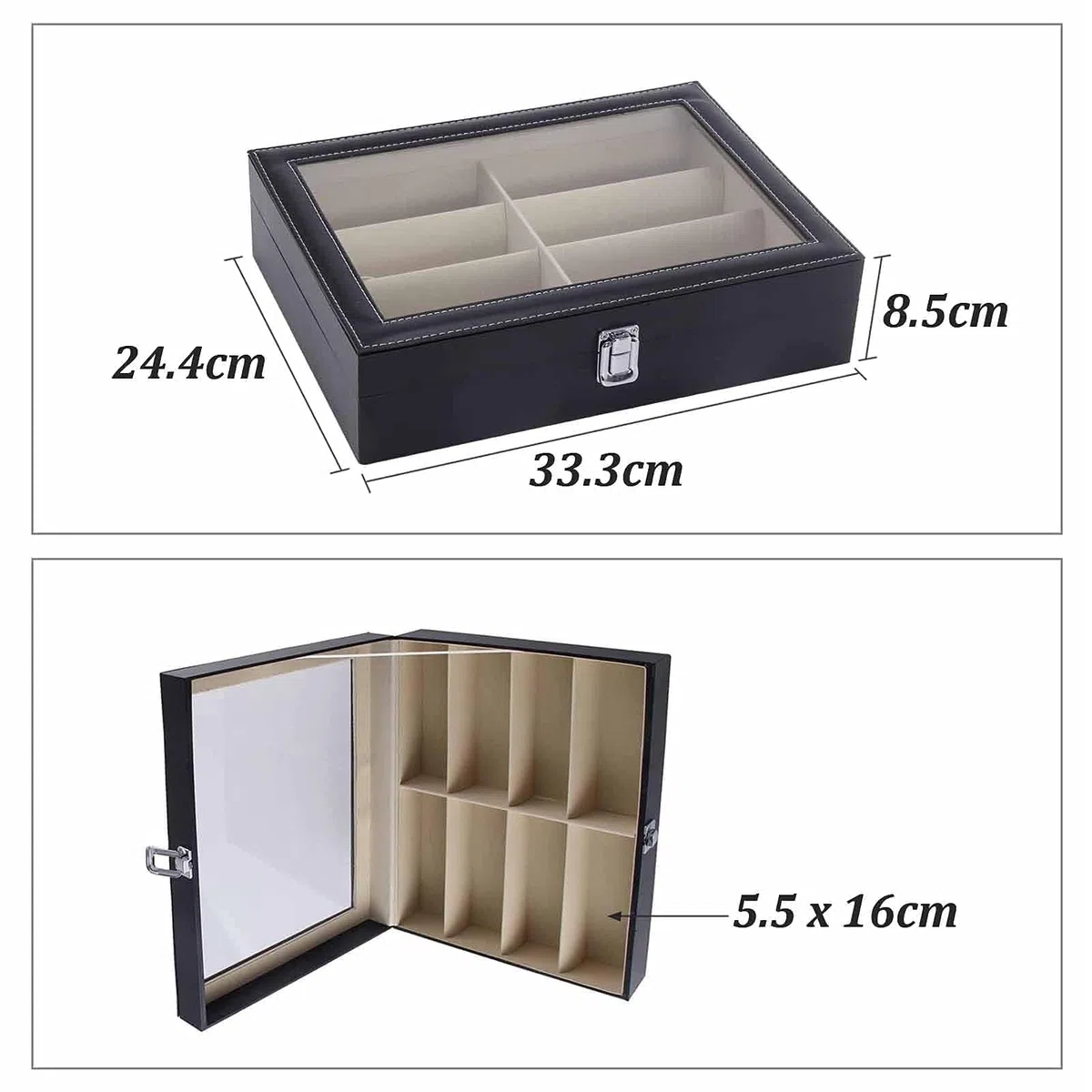 Caja Organizadora de Gafas con Tapa de Cristal y Cajones – Estuche Expositor de Gafas de Sol y Joyas, Cuero Sintético Premium, Gran Capacidad, para Hombre y Mujer (Una planta)