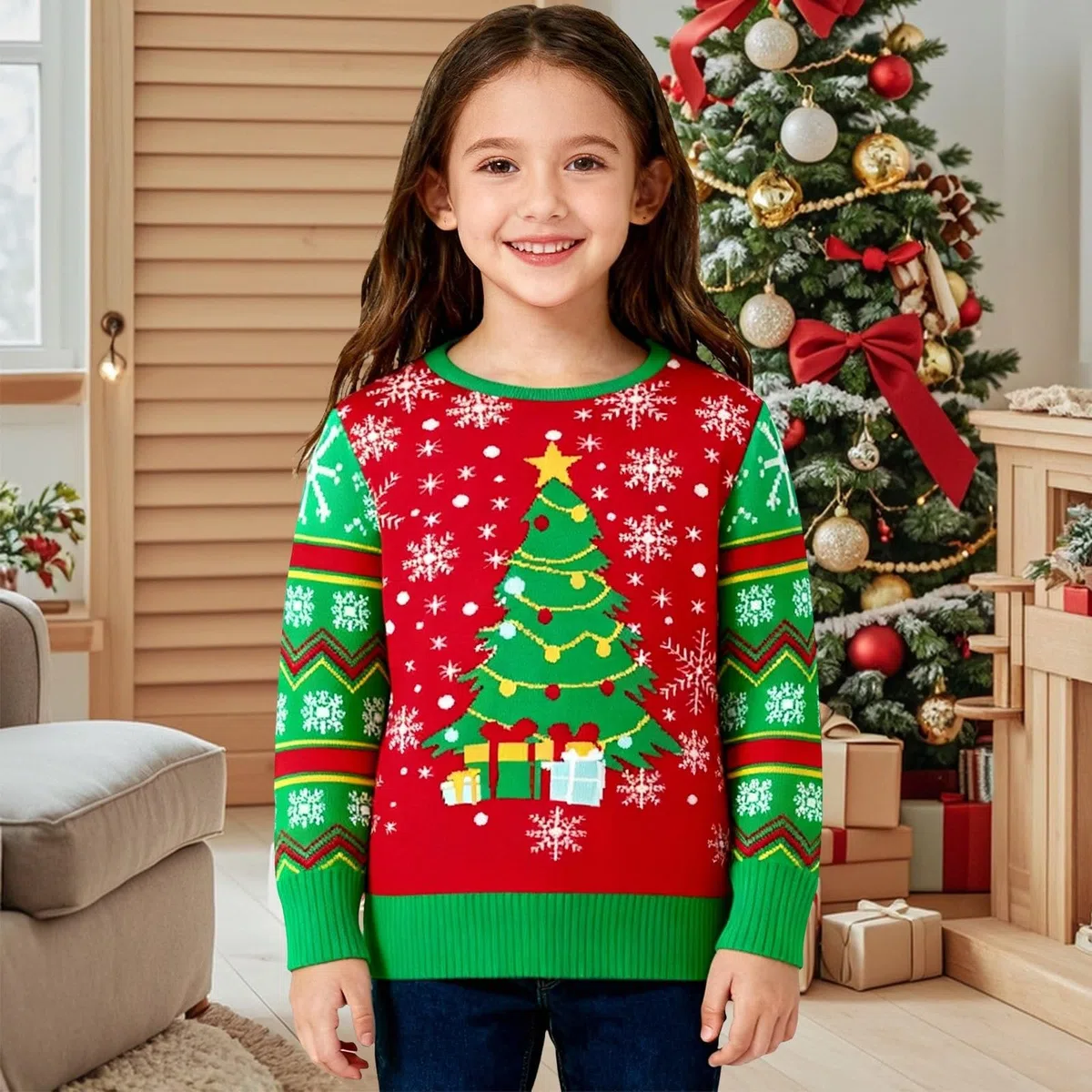Suéter de Navidad para niños y niñas, diseño de Papá Noel, árbol de Navidad, dinosaurio, cuello redondo, suéter de punto para niños pequeños, manga larga, para fiestas de Navidad, casual, moderno