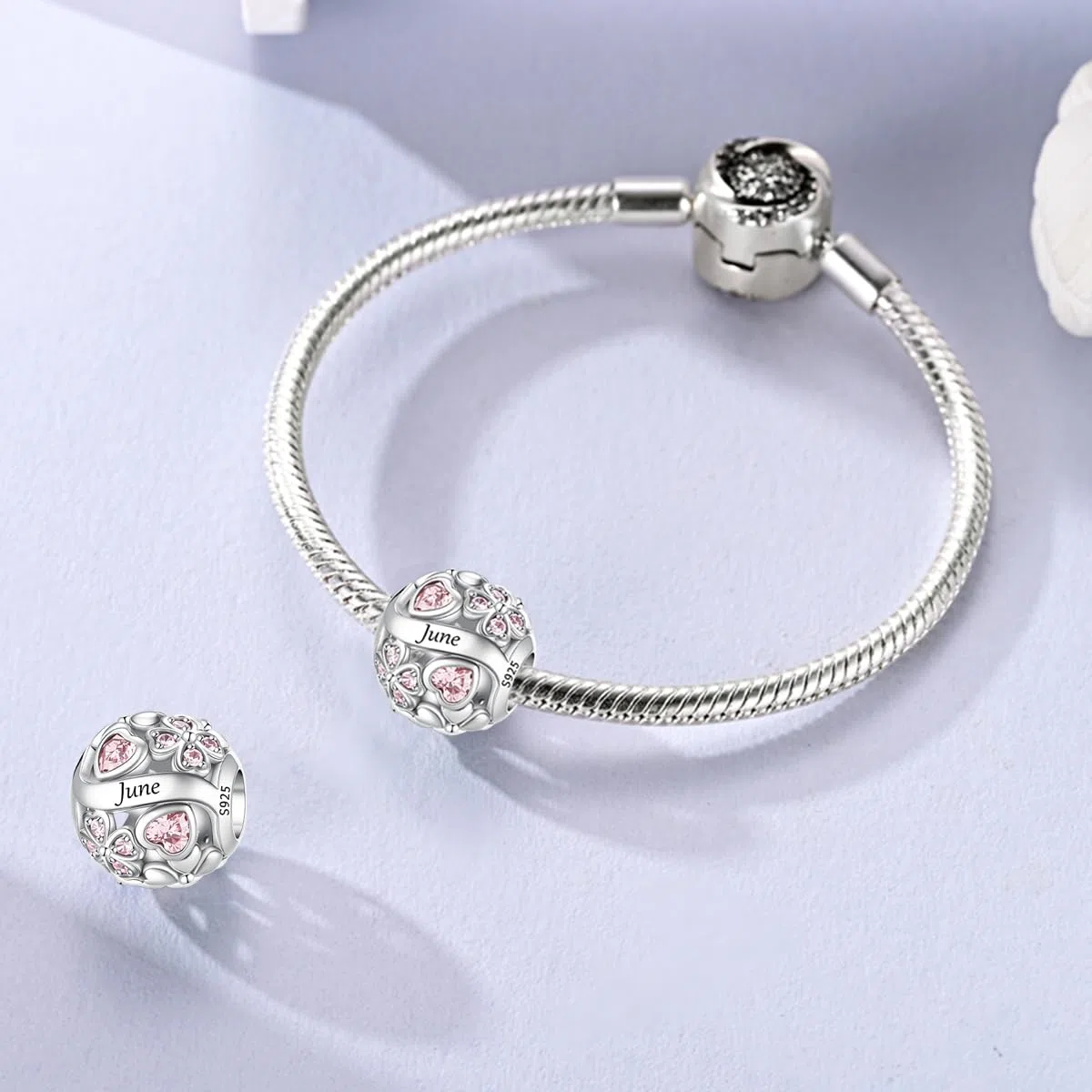 LNQOBU Colgante de plata 925 Birthstone Charms Abalorios,Dije Trébol de la Suerte Heart Pendant,Regalo de Cumpleaños, Joyas para Mujer