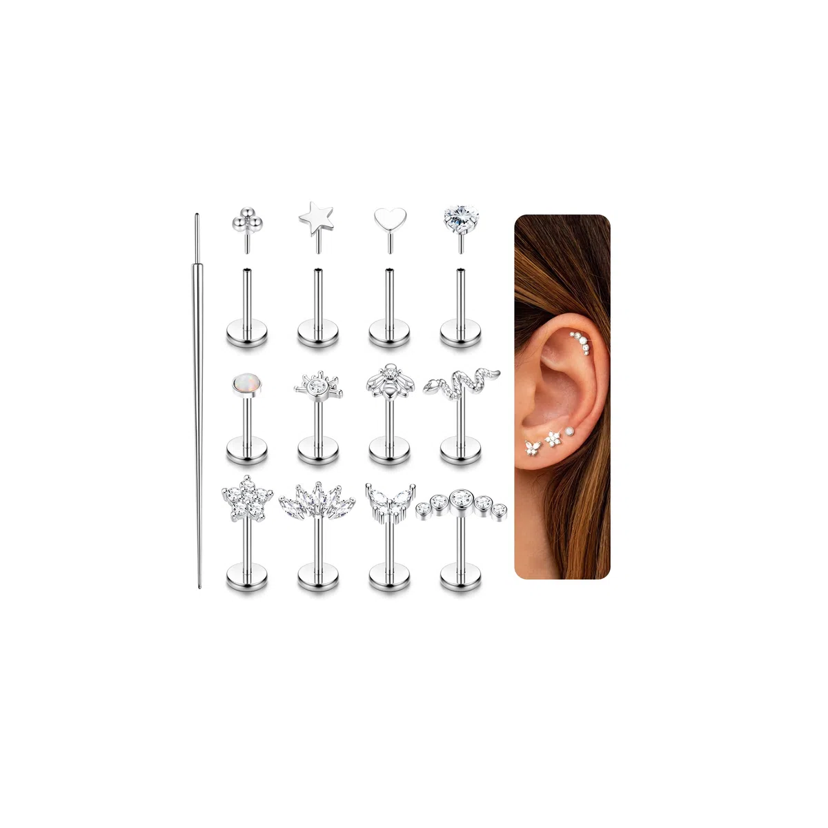 JeweBella 12 Piezas Piercing Labret Acero Quirurgico Para Mujer Piercing Oreja Plata/Oro Estrella Corazón Serpiente Pendientes Cartílago Piercing Nariz Helix Tragus