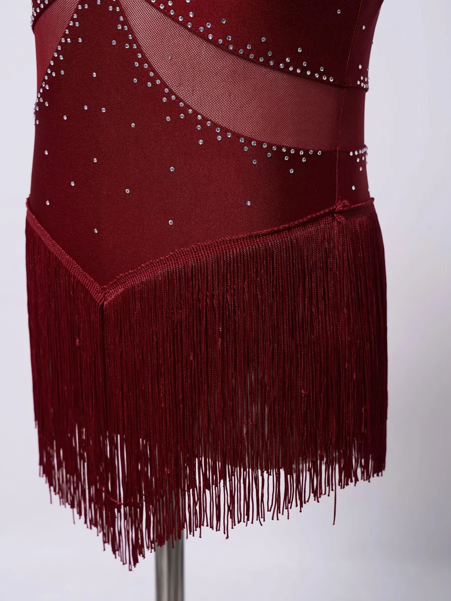 iiniim Vestido de Patinaje sobre Hielo para Niñas Maillot Baile Latino con Flecos y Brillante Pedrería Leotardo Gimnasia sin Mangas Vestido de Baile Salsa Cha Cha