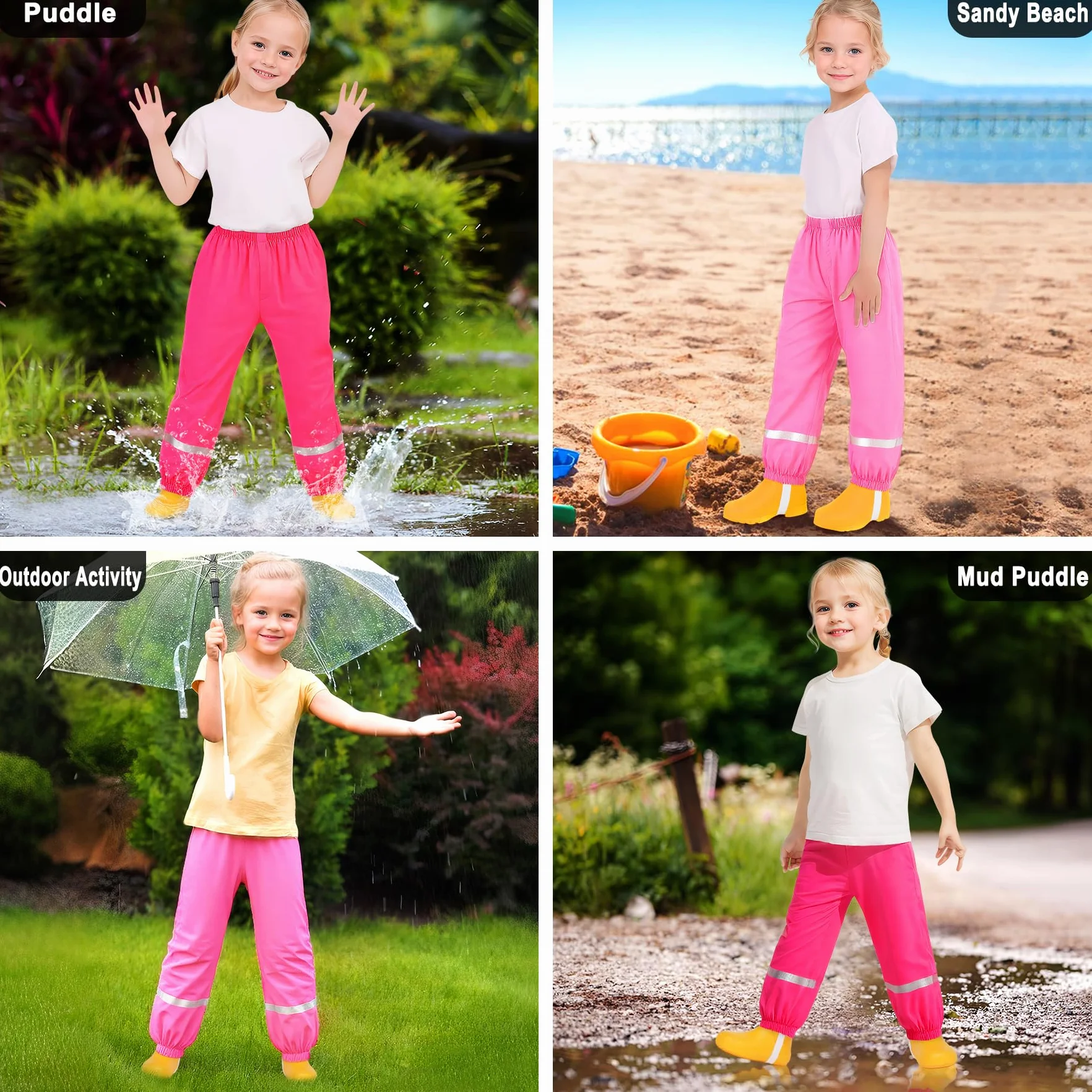 Pantalon Impermeable Niño Niña Peto de Lluvia Plegable Ligero Pantalón de Lluvia Transpirable Pantalón Barro Reflectante 1-10 años