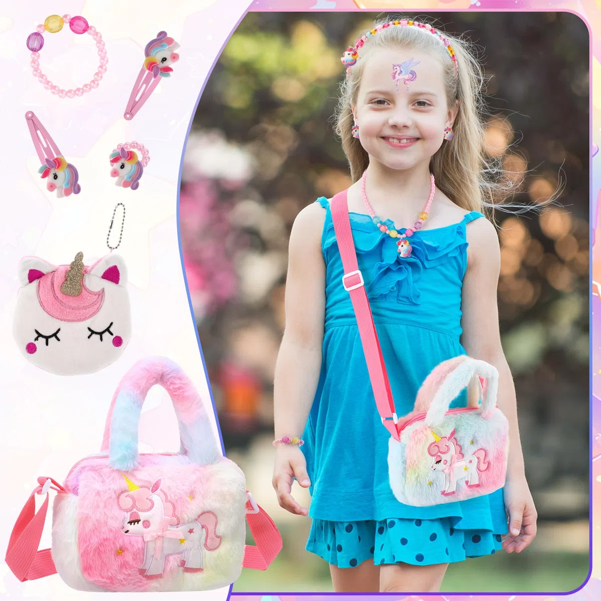 Set de 26 piezas de joyería de unicornio para niñas, joyería para niños, bolsos, collares, pulseras, anillos, pendientes, horquillas, regalos de unicornio para niñas de 3, 4, 5, 6 años
