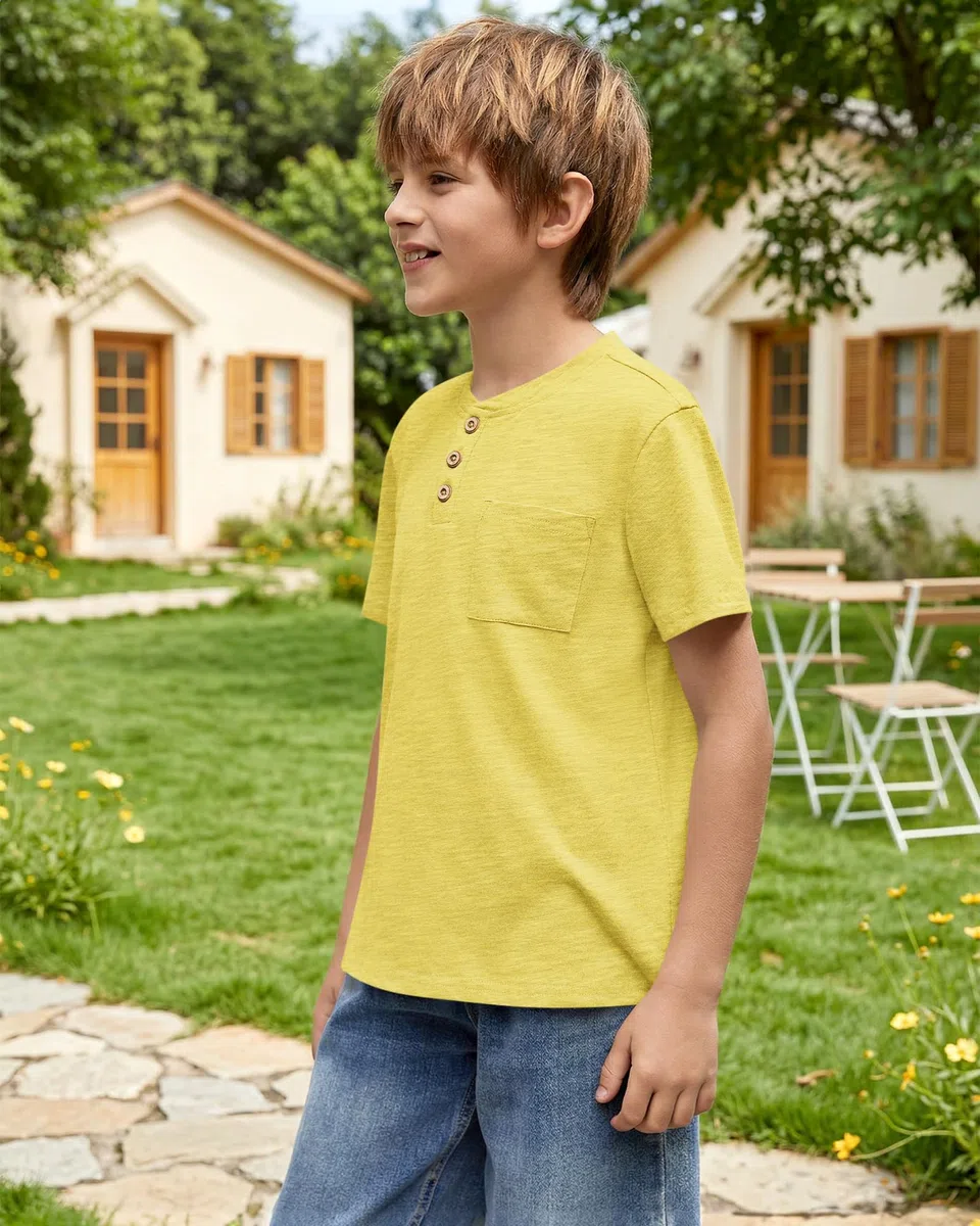 Camiseta de verano de algodón para niños, cuello redondo, botones sólidos, manga corta, bolsillo, casual, para niños, para uso diario