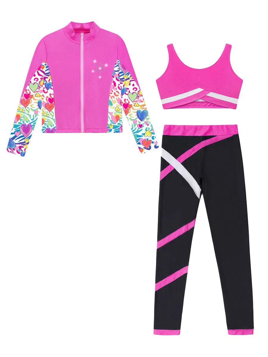 TiaoBug Conjunto Deportivo Para Niñas Chaqueta Manga Larga + Chaleco Sin Mangas + Leggings Traje De Gimnasia Rítmica Entrenamiento Rosa caliente 5-6 años