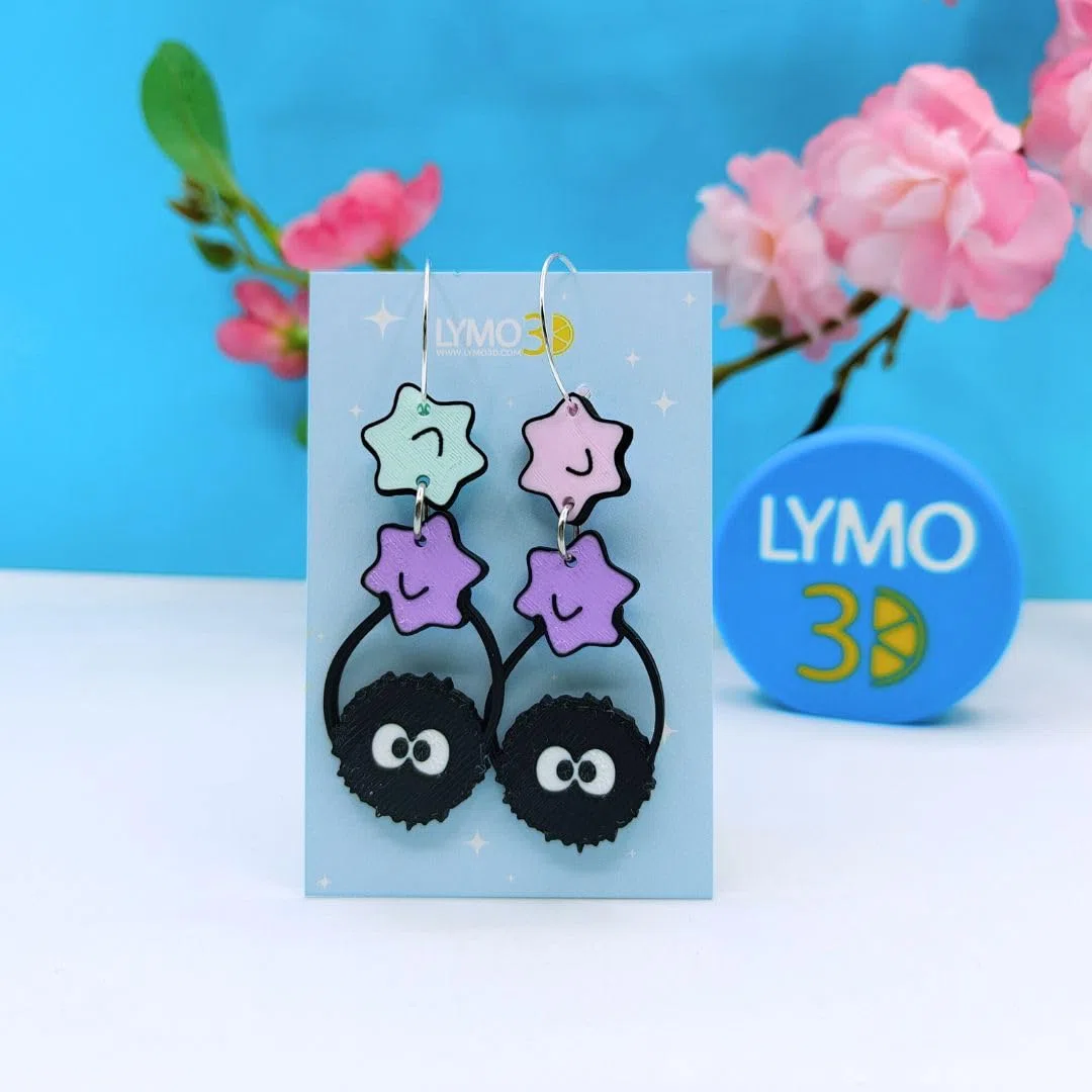 Pendientes de Hollín con Dos Caramelitos Fríos, Criaturas de Hollín 3D, Diseño Ligero, Aro de Acero Inoxidable