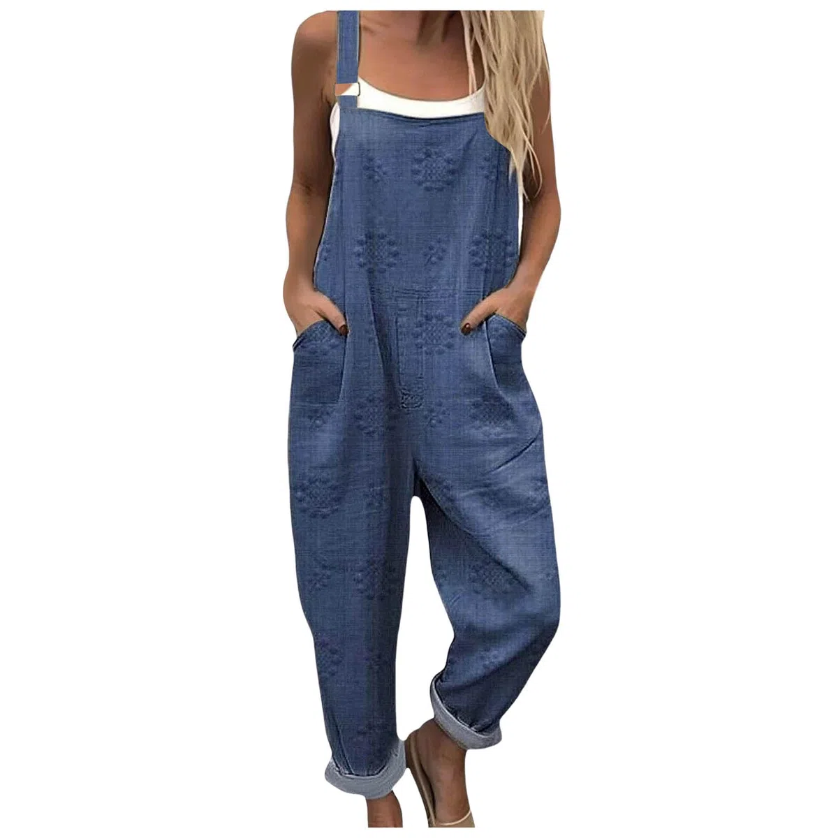 Petos mono largo mujer verano tejido algodón y estampado floral artístico sin mangas peto holgado pernera ancha con bolsillos prácticos correas ajustables corte suelto para playa vacaciones y rutina