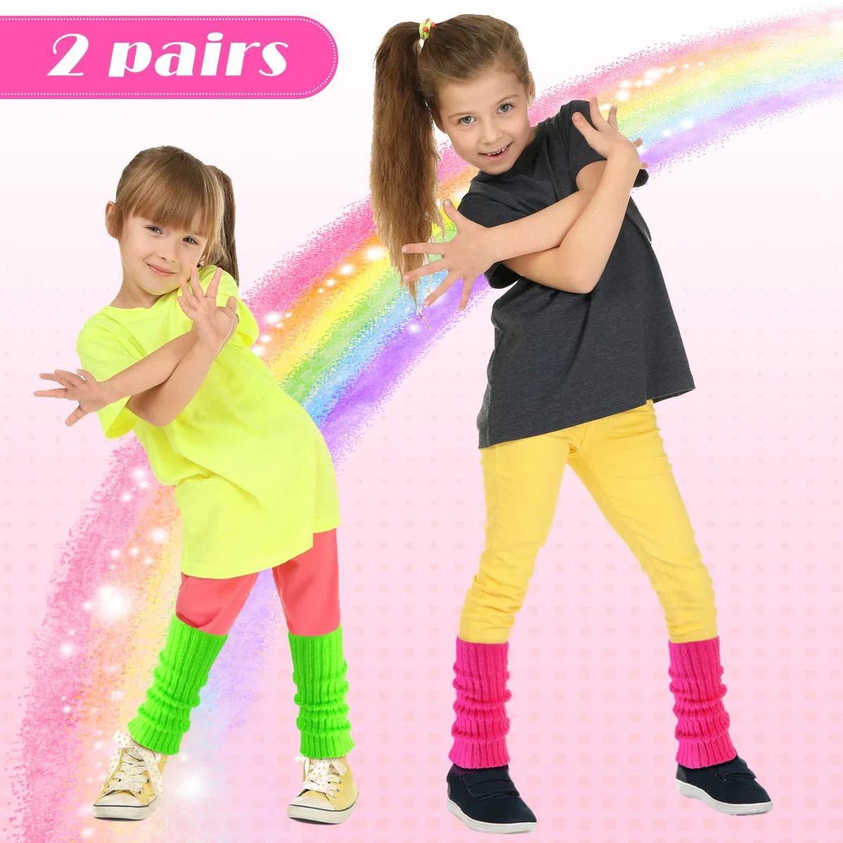 Giegxin 4 pares de calentadores de piernas de neón de Halloween para niñas y niños pequeños, calcetines de punto acanalado de los años 80, accesorios para fiesta de yoga