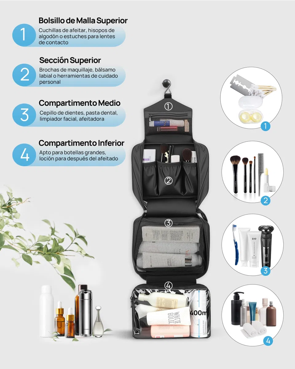 Neceser Grande para Hombre y Mujer, Impermeable Neceser de Viaje, Bolsa de Aseo Colgante (Negro)