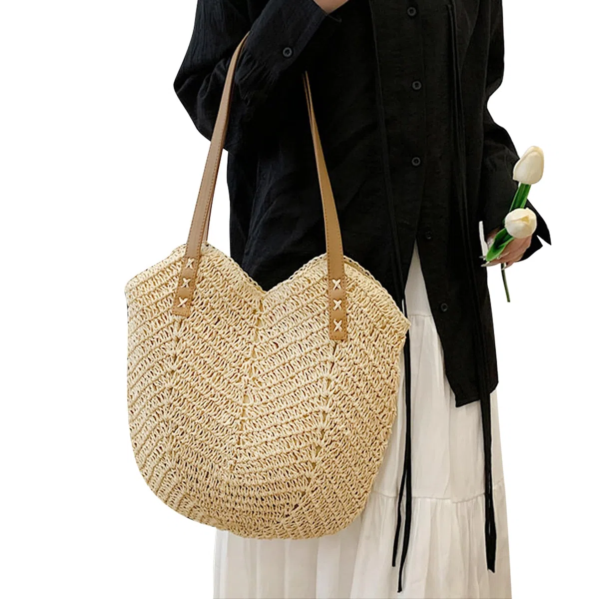 Bolso de Hombro de Paja, Bohemio Casual Bolso de Playa de Verano, Grande con Cremallera, Verano Bohemio Monederos Mujer, para Viajes A La Playa, Vacaciones, Citas