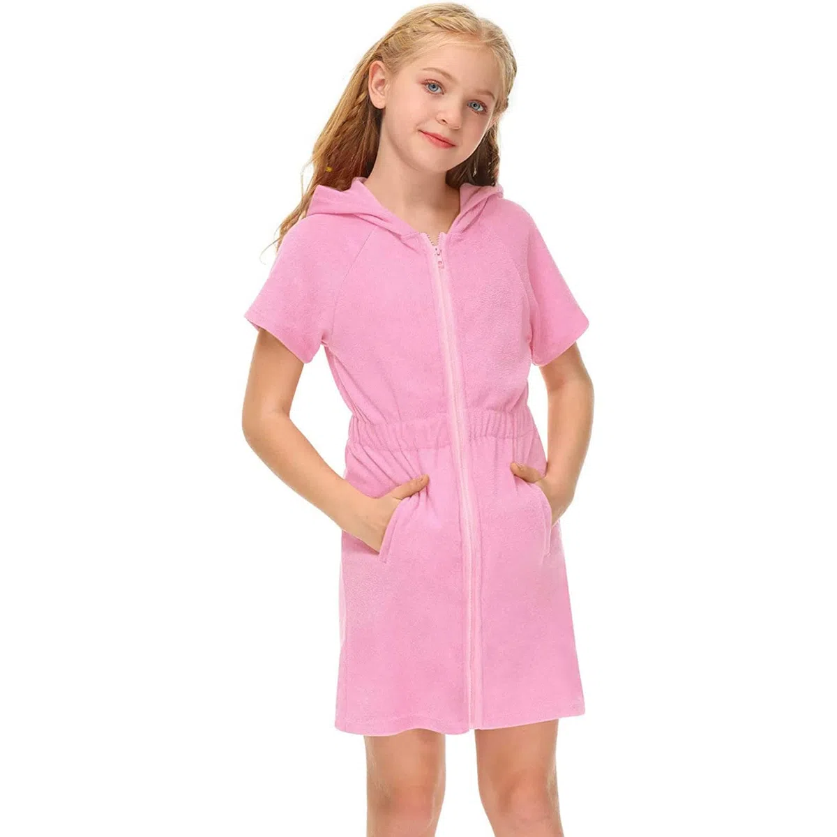 Bata de baño con capucha para niñas, con cremallera, vestido de playa, cintura elástica, color sólido, manga corta, para cubrir trajes de baño, bolsillos, batas envolventes, rosa, 10-11 años