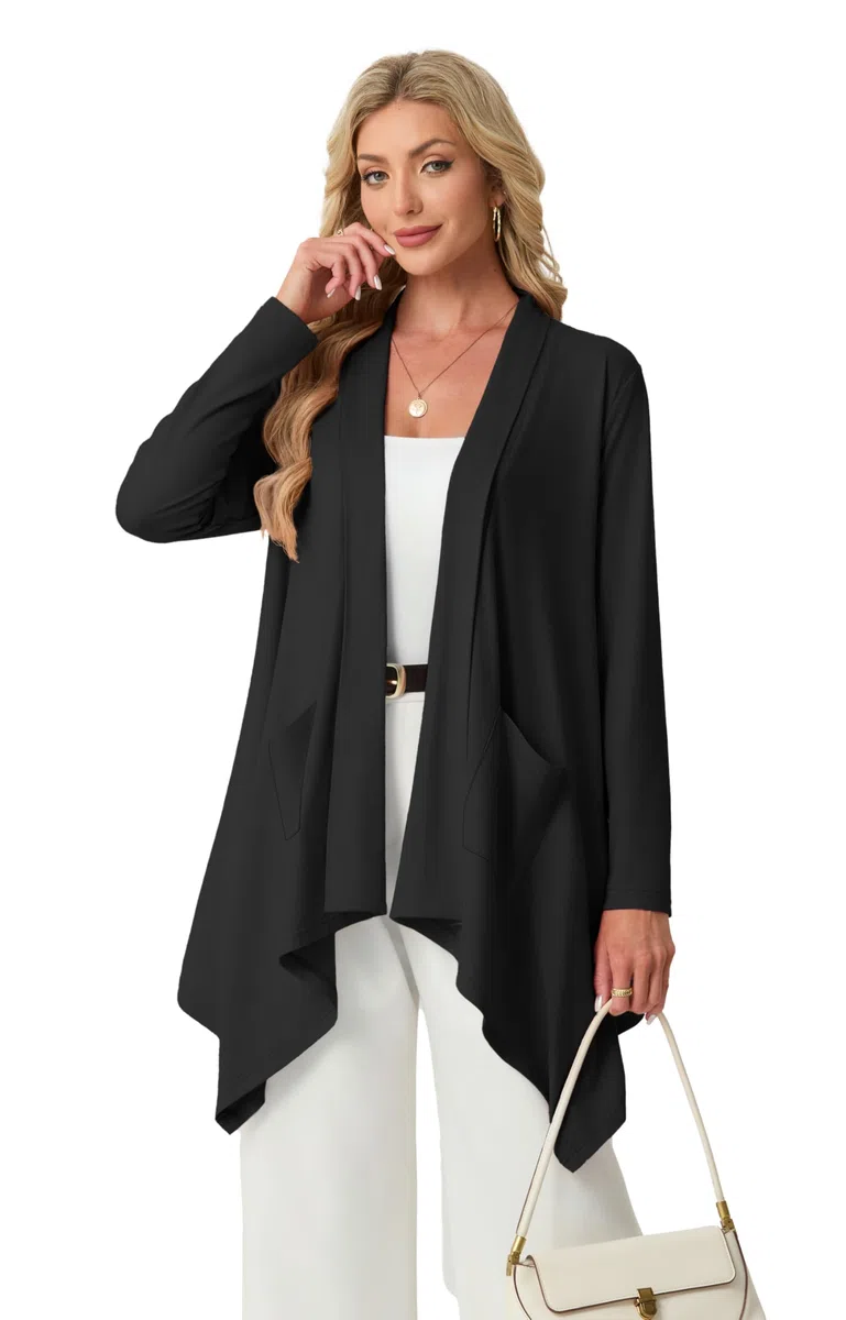 GRECERELLE Cárdigan ligero para mujer sin botones, elegante de verano, manga larga, cárdigan, cárdigan, informal, abrigo de punto con bolsillo, dobladillo alto y bajo