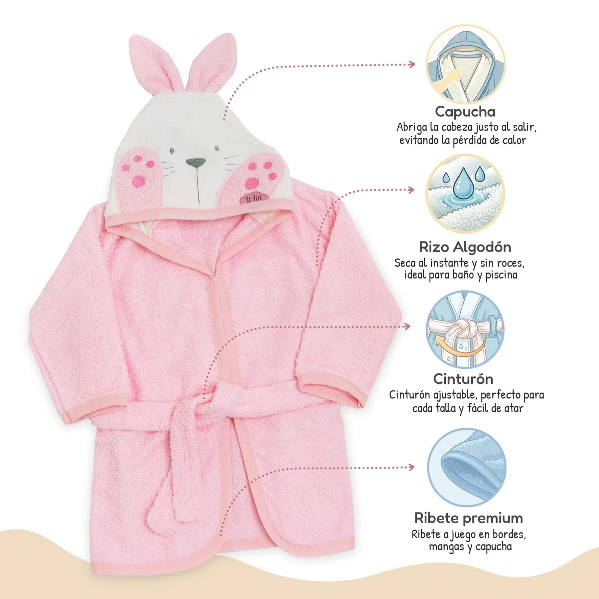 Ti TIN Albornoz infantil con capucha de orejitas de conejo para bebés de 3 a 9 meses 90% algodón rizo 10% poliéster medidas 63x33 cm transpirable absorbente extra suave fácil secado y lavado