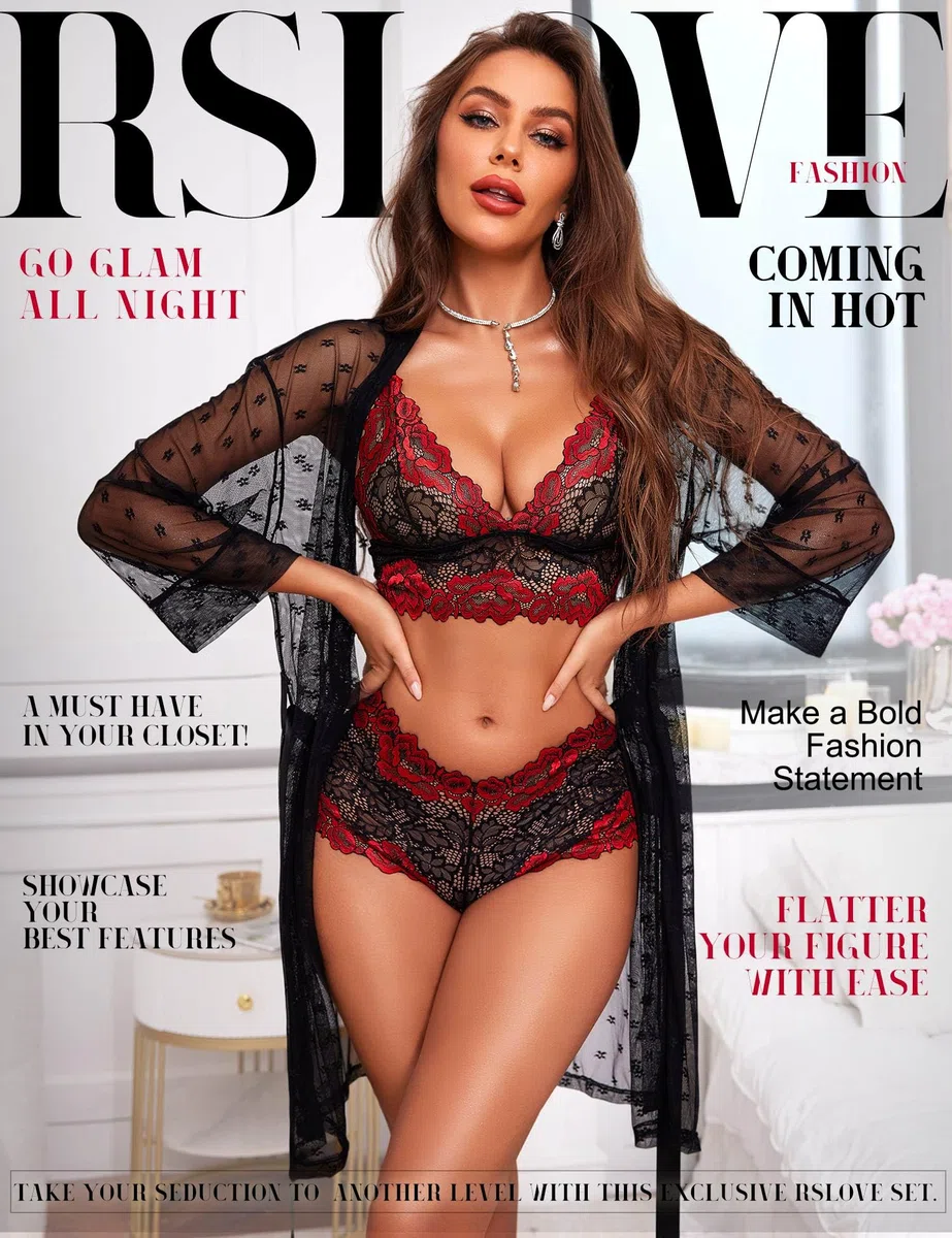 RSLOVE Lenceria Sexy para Mujer Conjunto de lenceria de encaje con albornoz de malla Conjunto de 3 piezas Ropa de dormir Ropa de dormir