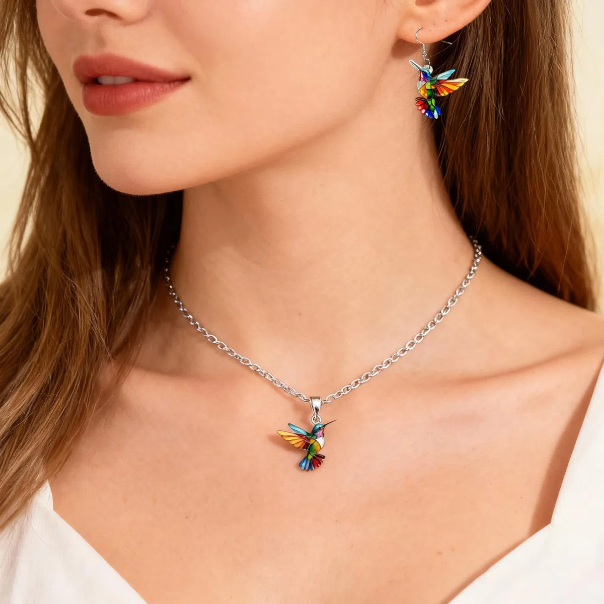 Collar de colibrí, aretes de gota de colibrí, colgante colorido acrílico 2D, regalos de Navidad para mujeres amantes de los pájaros