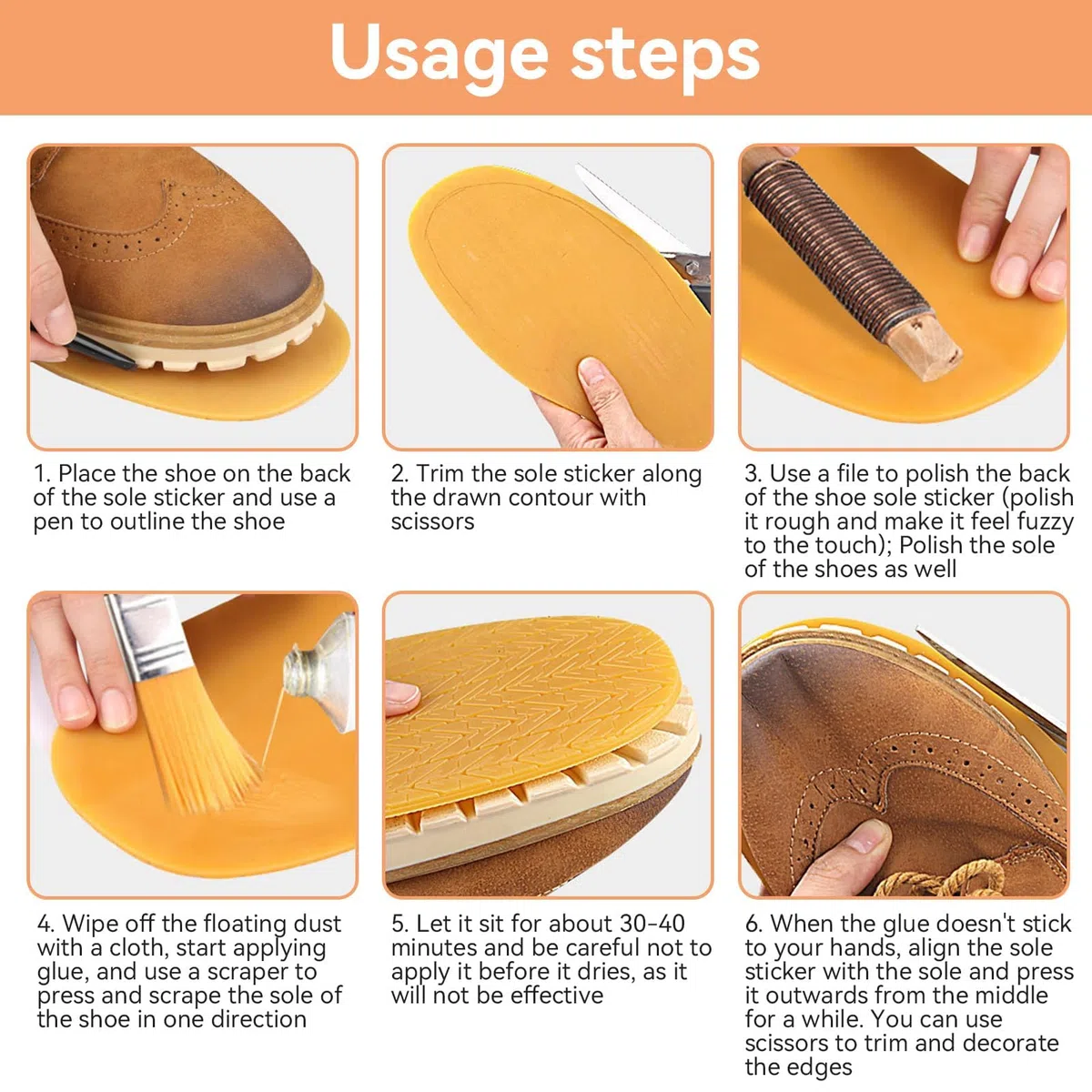 1 Par de Suelas Completas de Goma Antideslizantes, Reparación y Reemplazo para Zapatos, Material para DIY (Color Naranja)