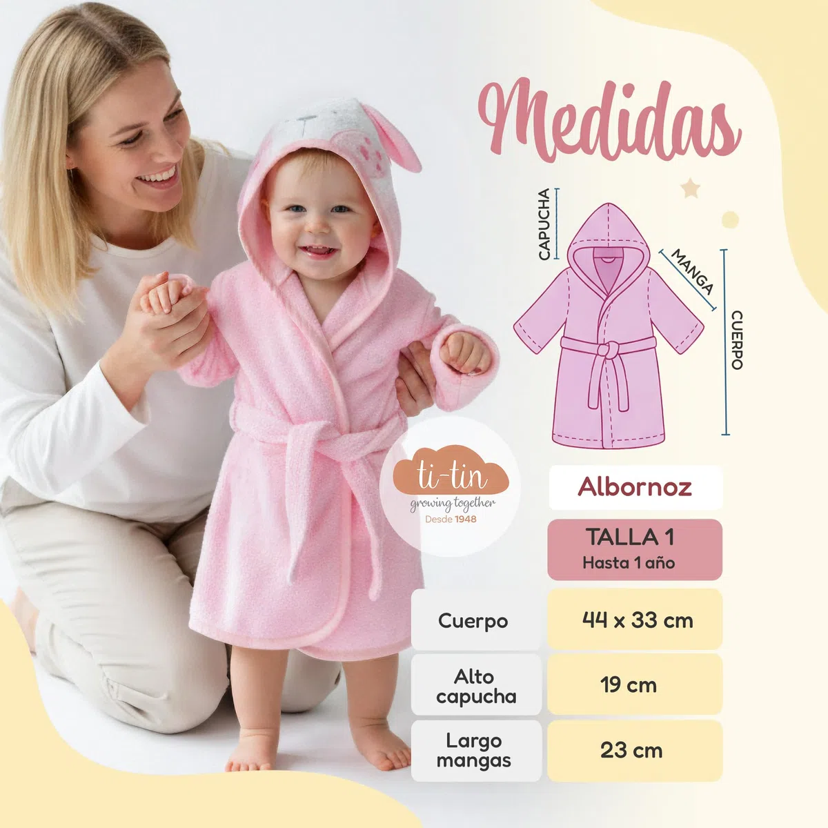 Ti TIN Albornoz infantil con capucha de orejitas de conejo para bebés de 3 a 9 meses 90% algodón rizo 10% poliéster medidas 63x33 cm transpirable absorbente extra suave fácil secado y lavado