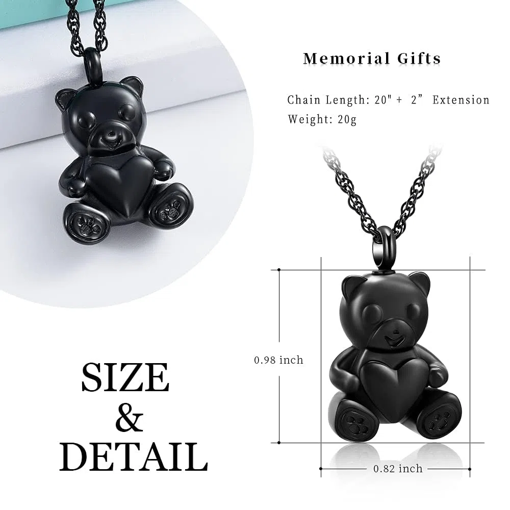 Oso de peluche de cremación urna Nekclaces ceniza joyería para hombres mujeres corazón memorial urna recuerdo medallón colgante cenicero, Acero inoxidable