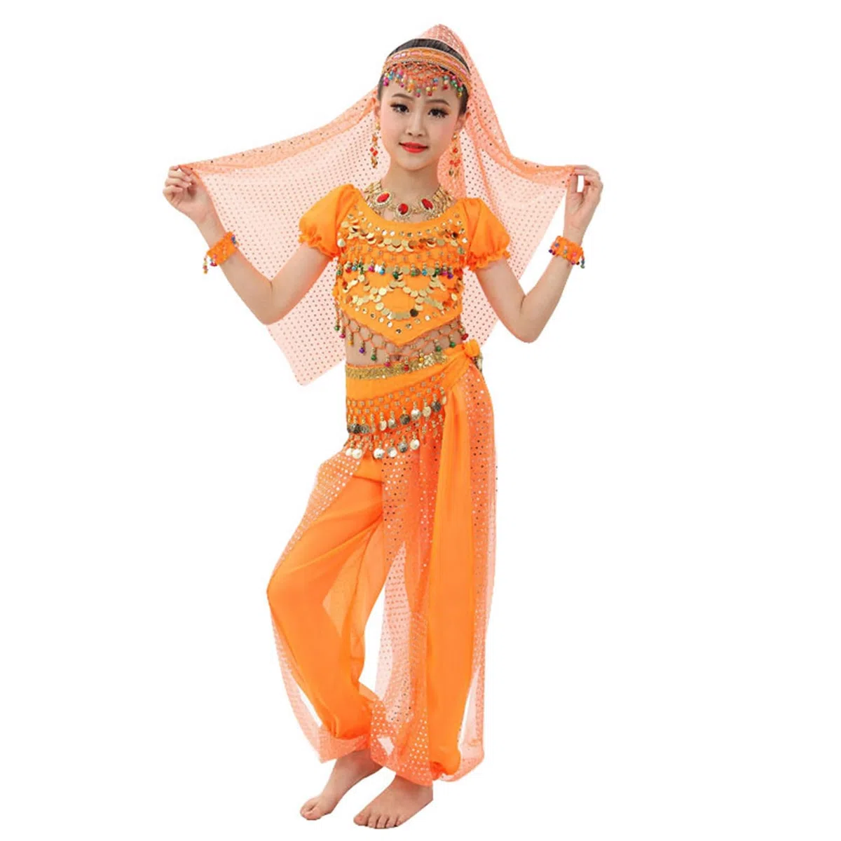 Disfraz de Danza del Vientre para Niña Trajes De Danza del Vientre para Niñas Top Disfraz de Carnaval Trajes de Danza Ropa de Danza India Top + Pantalón + Cintura + Velo + Diadema + Pulsera