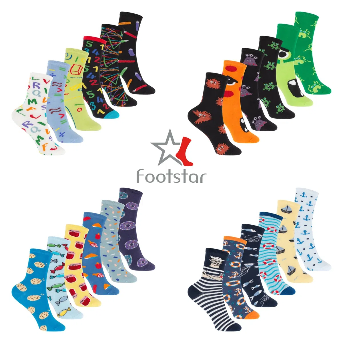 Footstar Calcetines básicos de algodón coloridos (6 pares) con divertidos motivos para niñas y niños