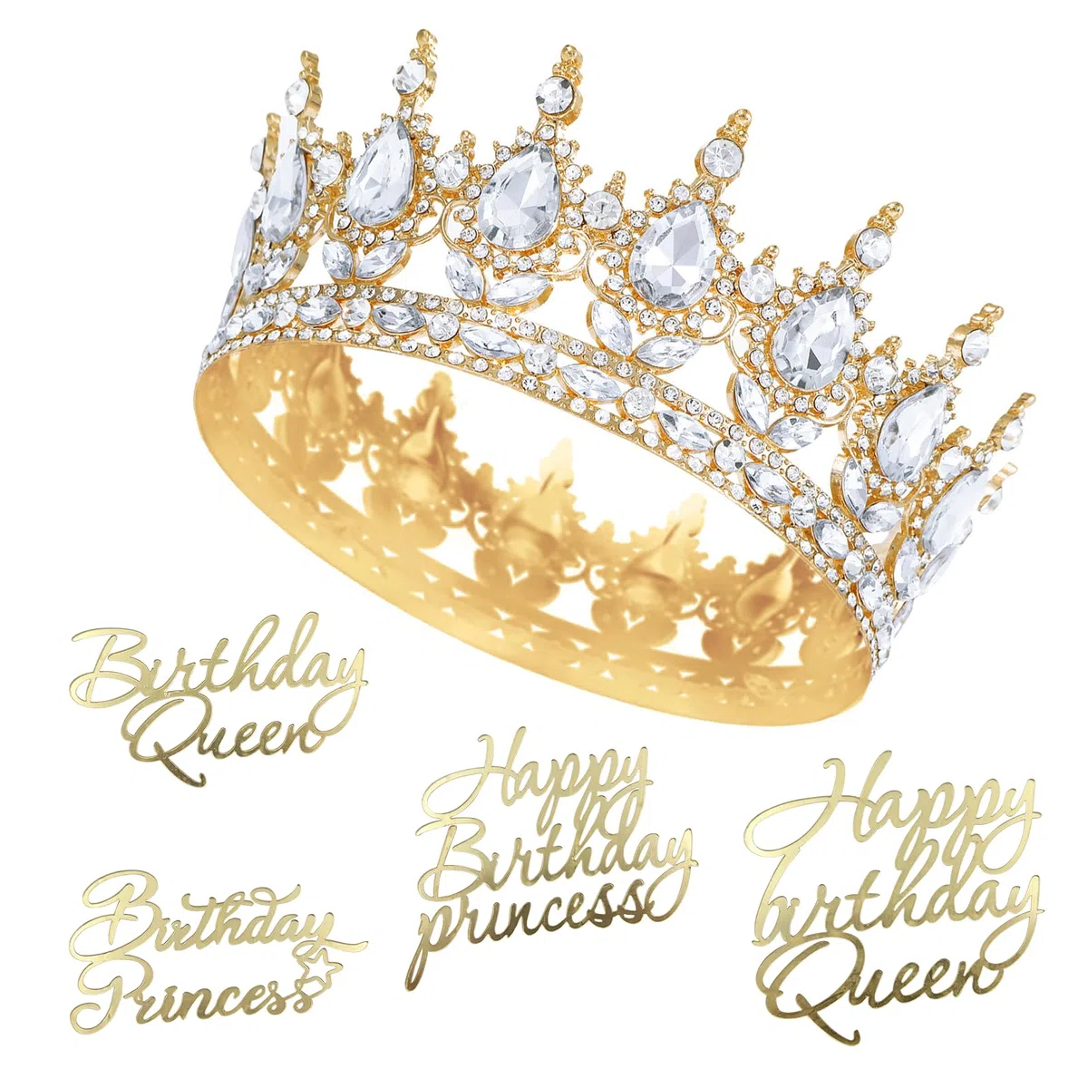 OMJMYY Corona Reina Corona de Cumpleaños Corona de Princesa Tiara Redonda con 4 Decoraciones para Pastel de Feliz Cumpleaños para Cumpleaños, Fiesta de Princesa, Disfraces