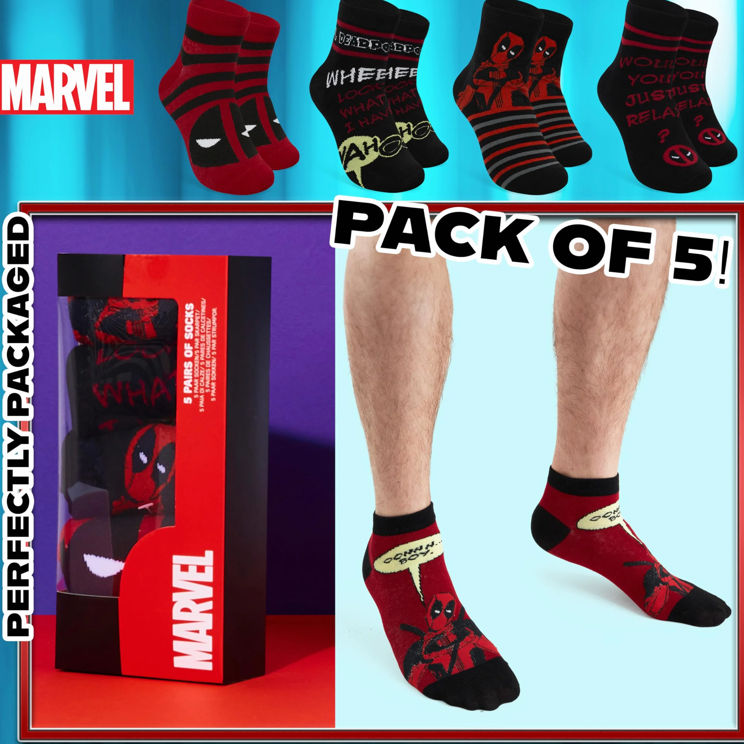 Marvel Calcetines Tobilleros Hombre Talla 40–45, Pack De 5 Transpirables, Regalo Para Fans De Superhéroes