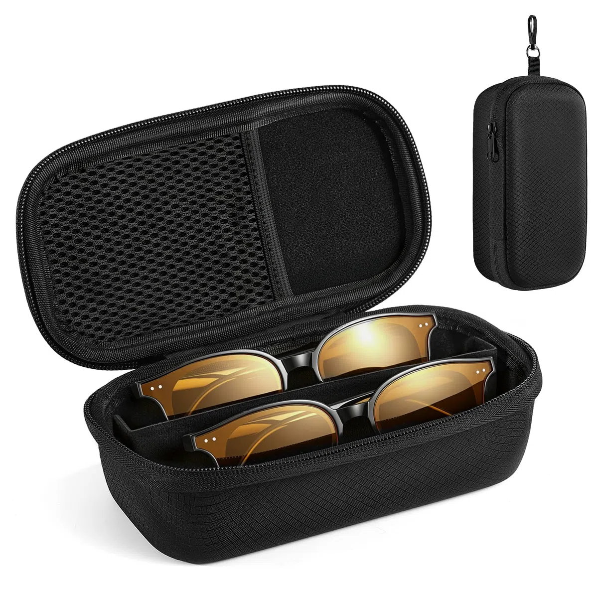 MoKo Estuche Doble para Gafas con Separador Ajustable, Carcasa Rígida, Cierre de Bloqueo y Bolsillo de Malla. Organizador Portátil para Gafas de Lectura y Sol, Negro
