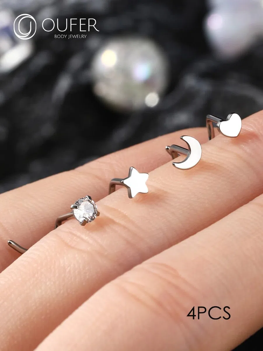 OUFER Piercing de nariz de titanio G23 de 20 g, 4 unidades, en forma de S, joyería de nariz de circonita cúbica transparente, tornillo de nariz de 7 mm, piercing de nariz con forma de corazón,