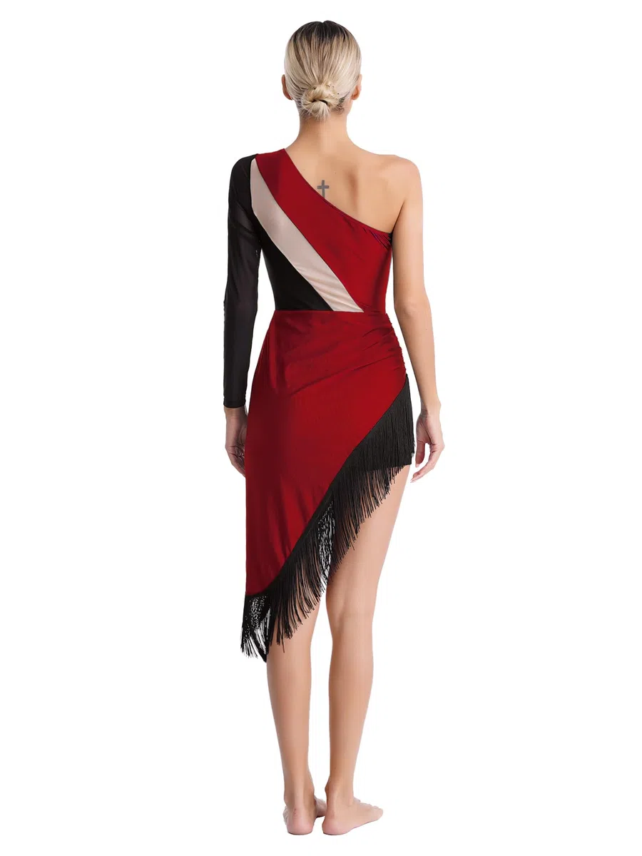 Alvivi Vestido de Patinaje Artístico para Mujer Vestido de Baile Latino Salsa con Leggings Cortos Elásticos Vestido Asimétrico de Manga Larga con Flecos S-XXL